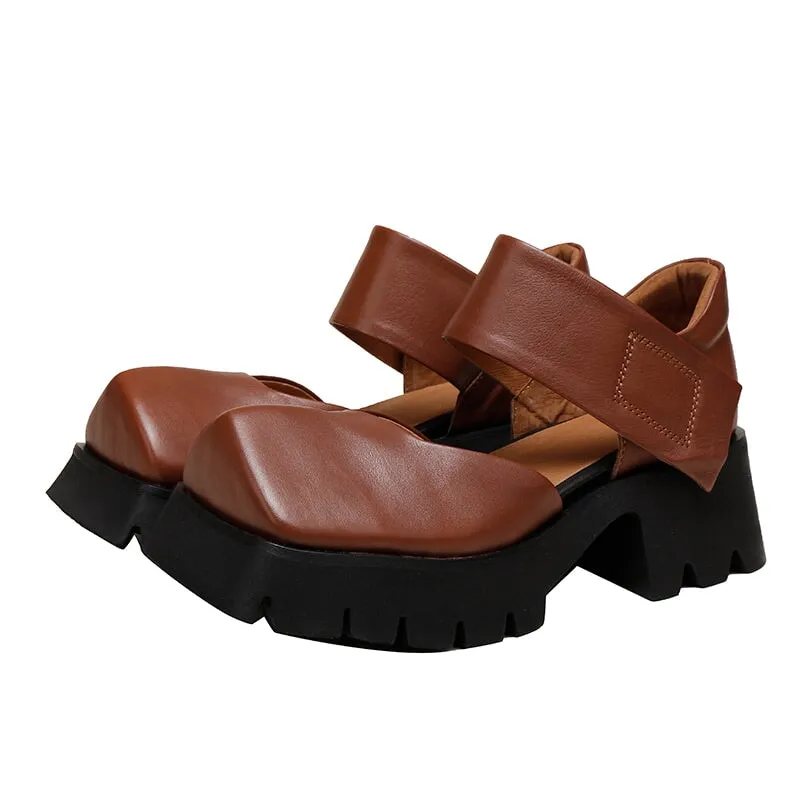 Retro Leather 50mm Platform Mary Jane Sandals For Women in Brown/Black