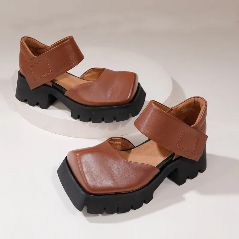 Retro Leather 50mm Platform Mary Jane Sandals For Women in Brown/Black