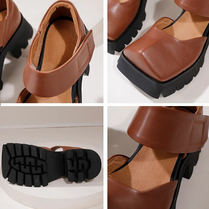 Retro Leather 50mm Platform Mary Jane Sandals For Women in Brown/Black