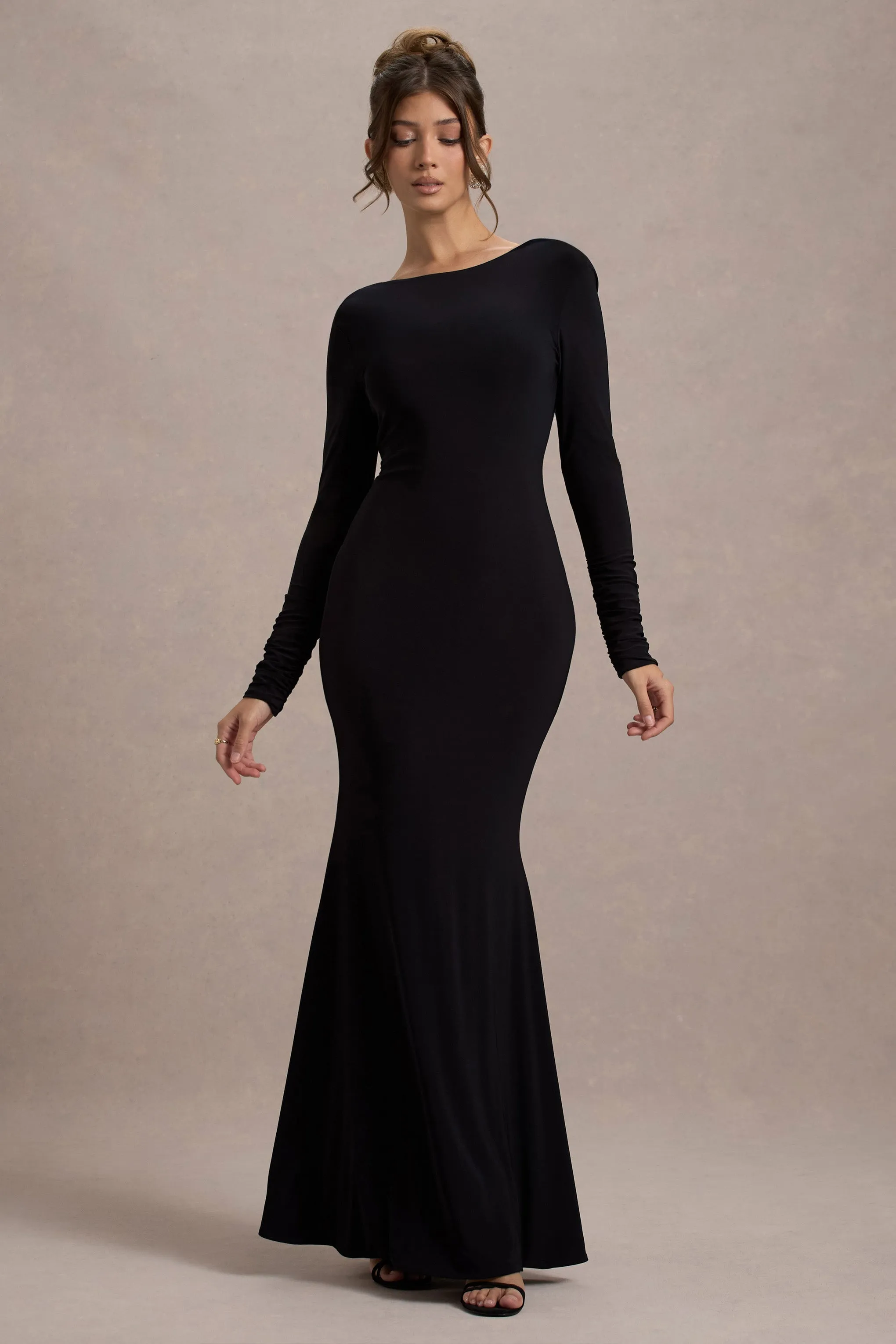 Rosalee | Black Long-Sleeve Cowl-Back Maxi Dress With Bows