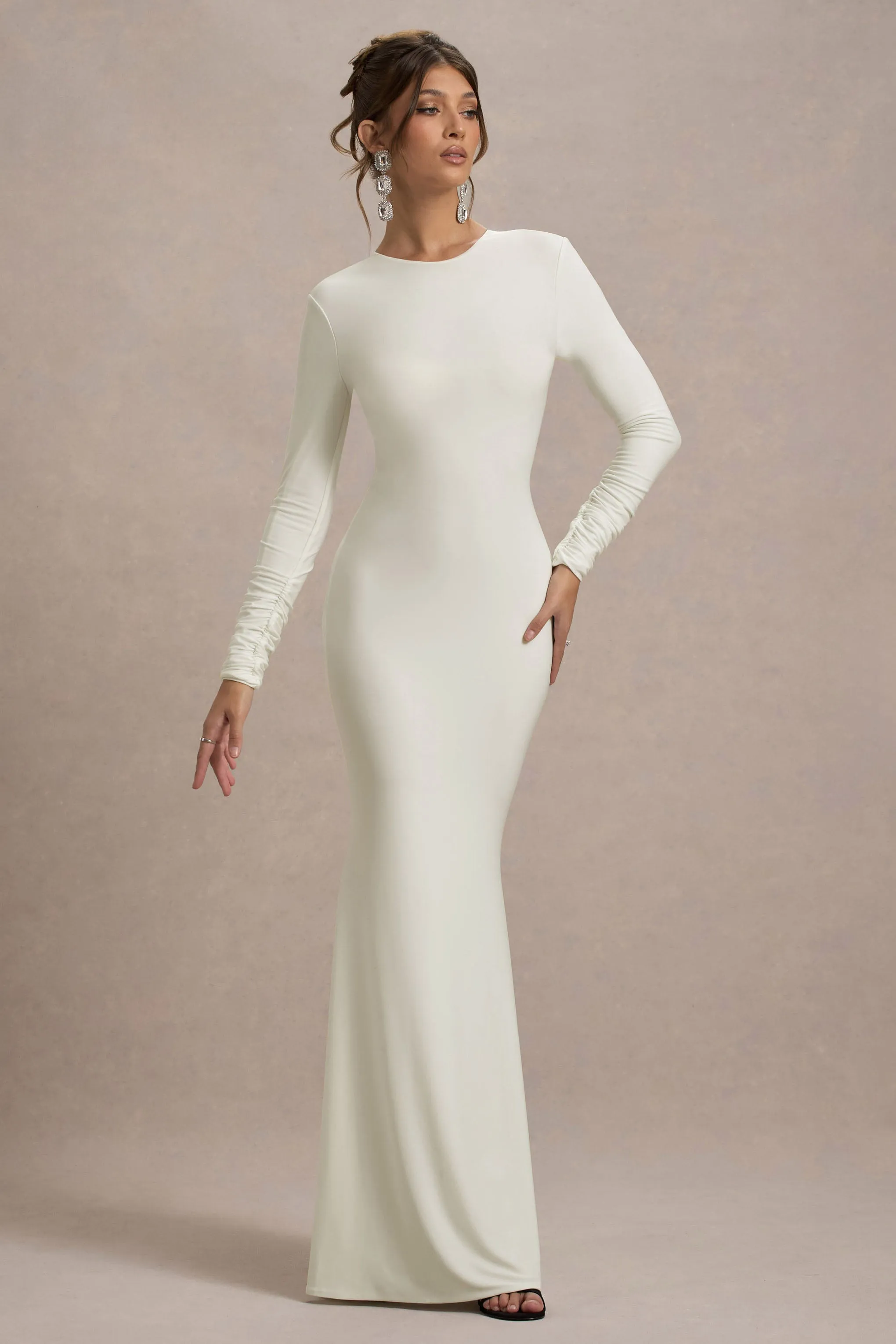 Rosalee | Cream Long-Sleeve Cowl-Back Maxi Dress With Bows