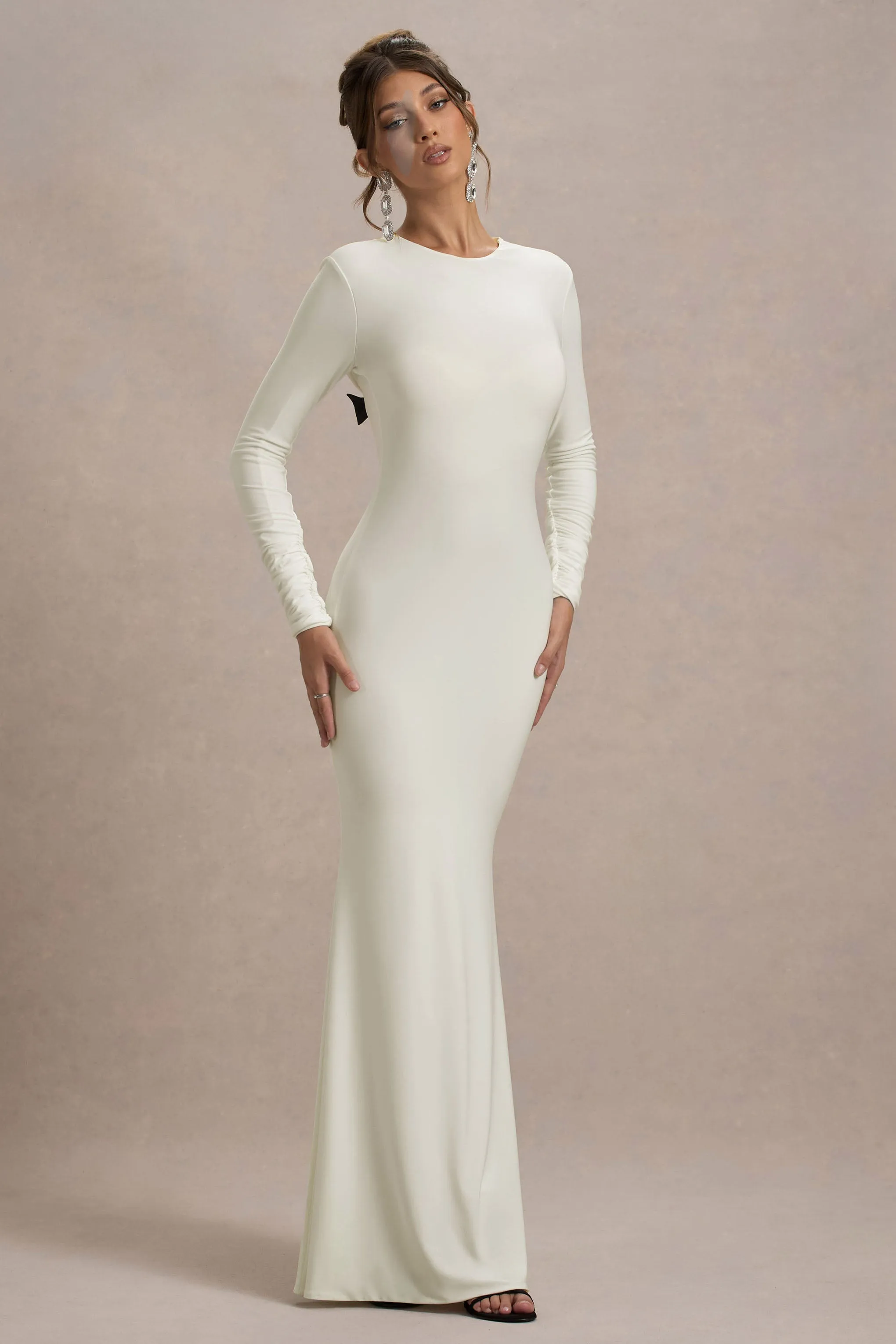 Rosalee | Cream Long-Sleeve Cowl-Back Maxi Dress With Bows