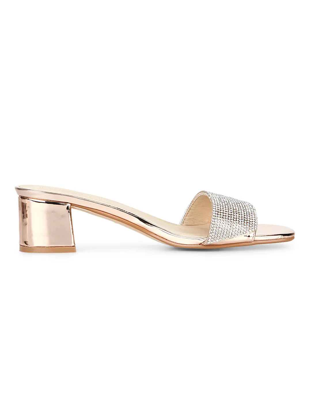 Rose Gold Mirror Low Block Sandal Heels