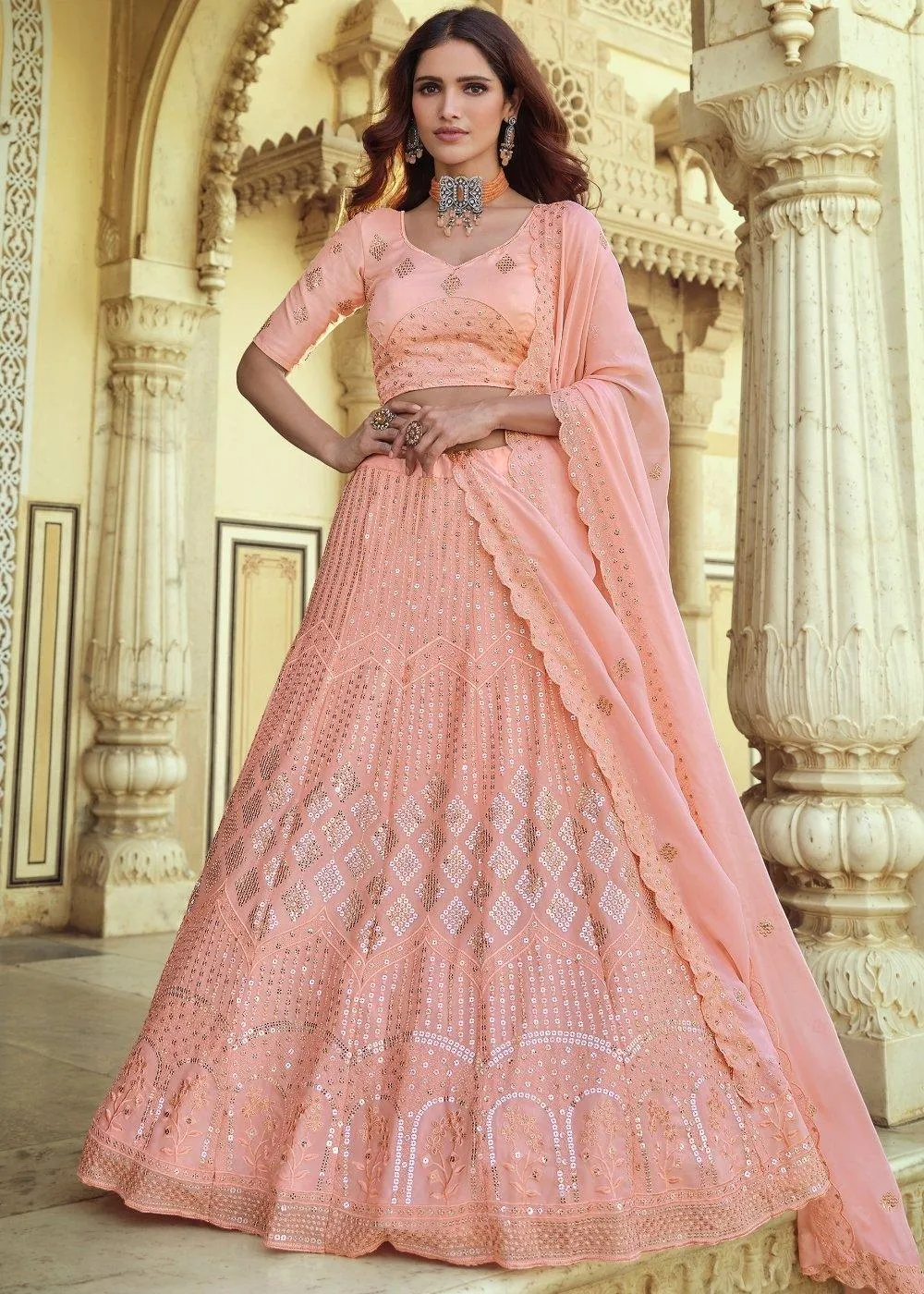 Rose Pink Georgette Lehenga Choli with Sequins & Thread work