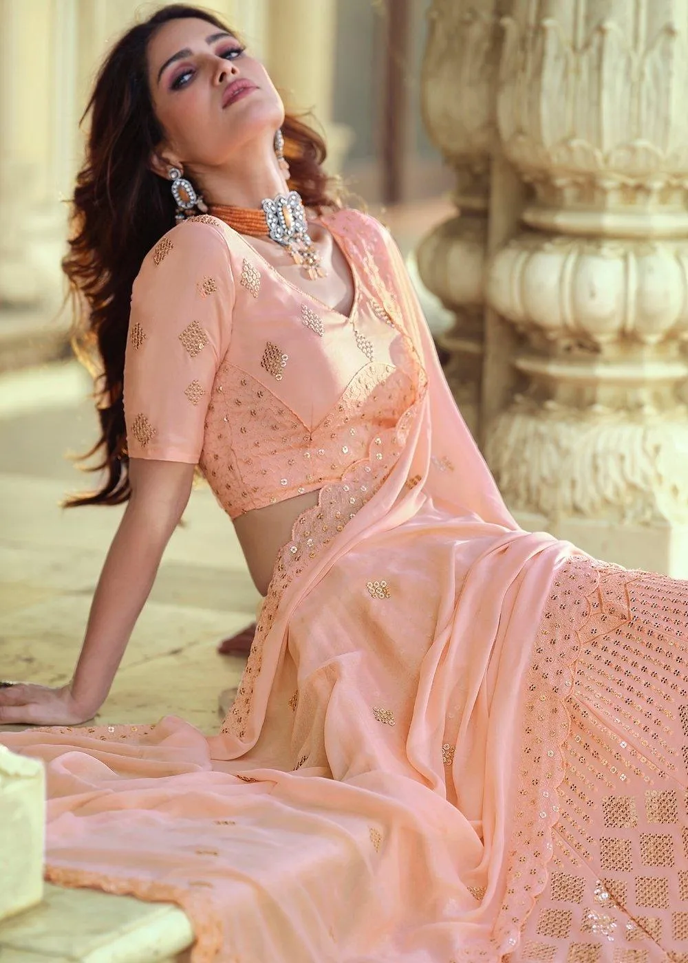 Rose Pink Georgette Lehenga Choli with Sequins & Thread work