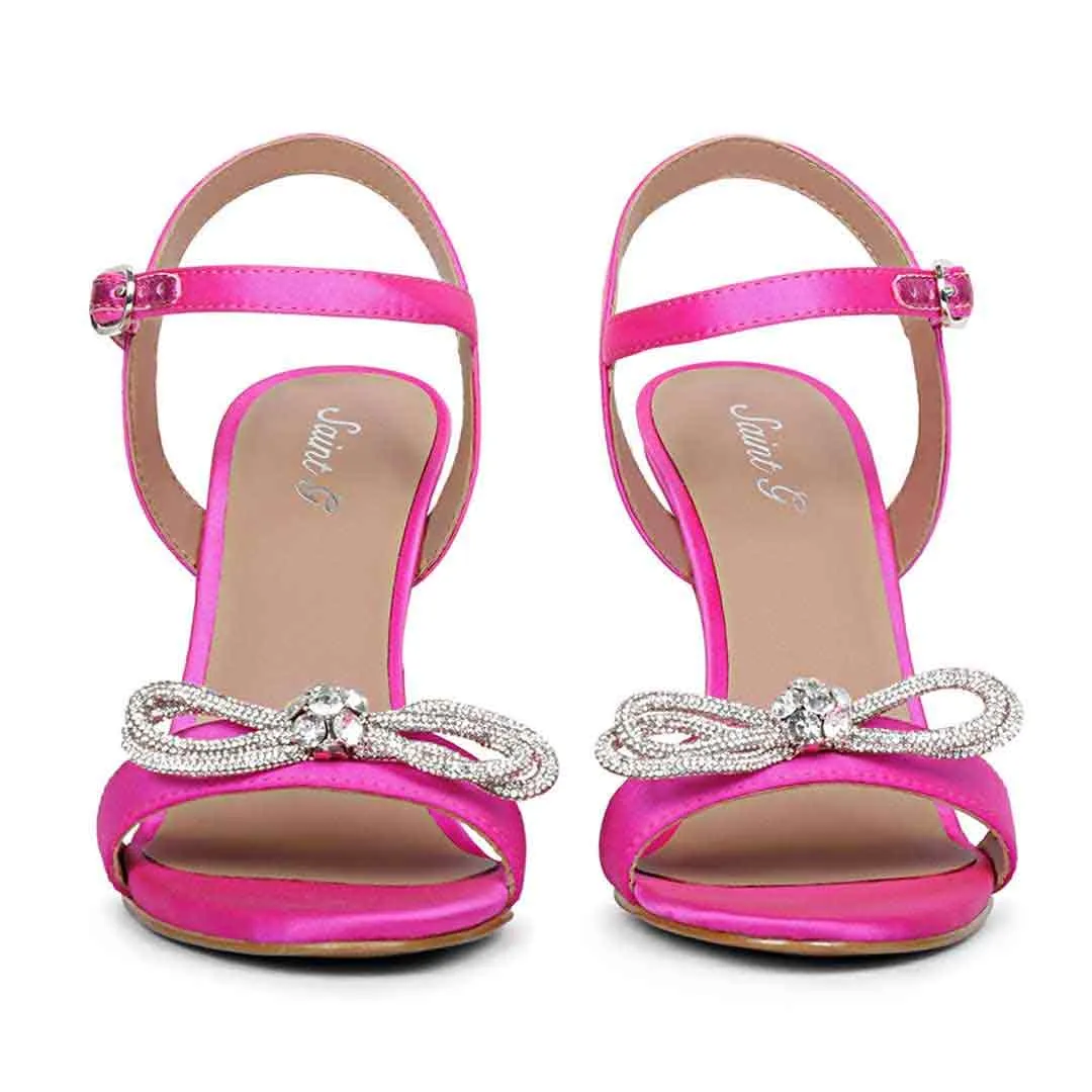 Saint Hayden Crystal Bow Hot Pink Leather-Satin Stilettos