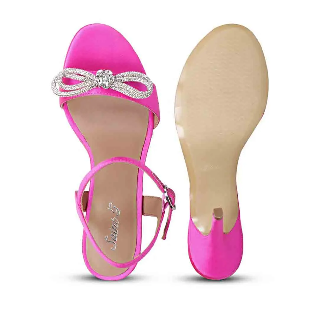 Saint Hayden Crystal Bow Hot Pink Leather-Satin Stilettos