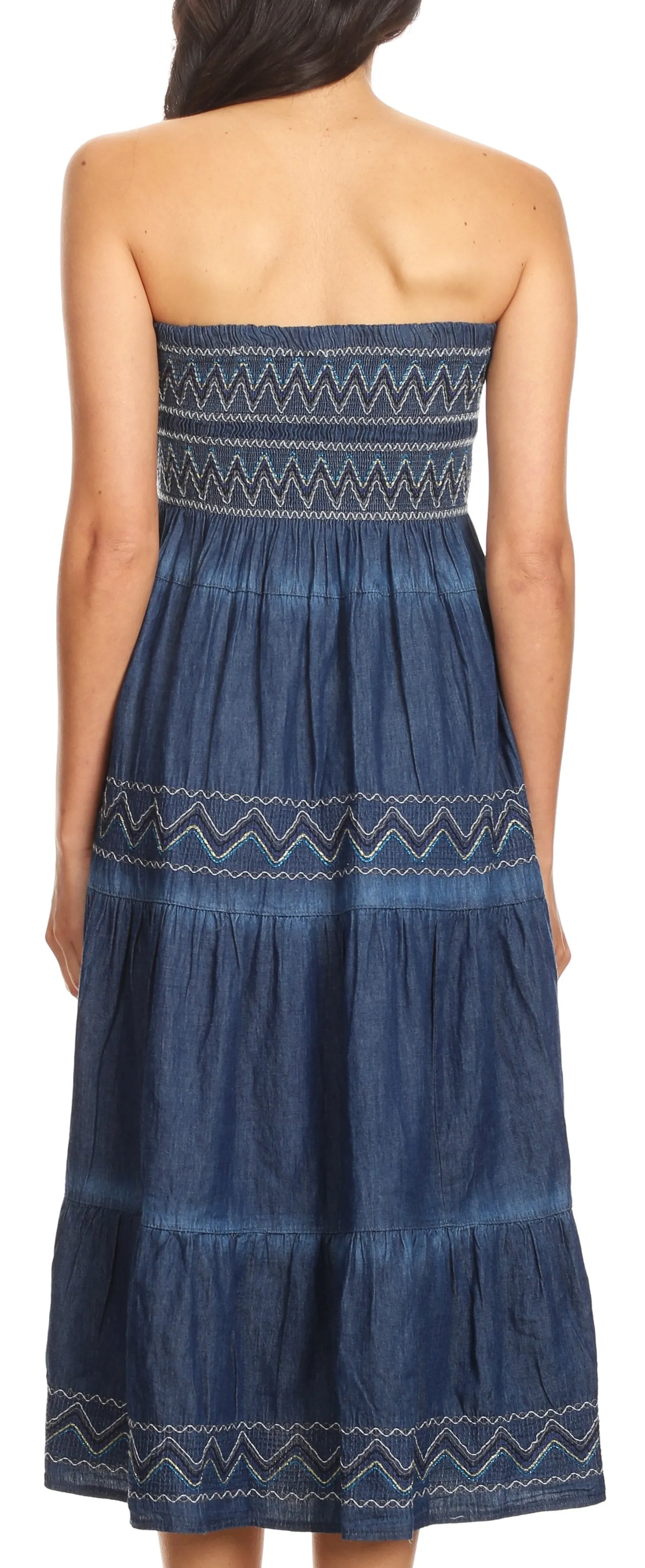 Sakkas Eliza Womens Denim Tube Top Dress Boho Strapless Sleeveless Chambray Maxi