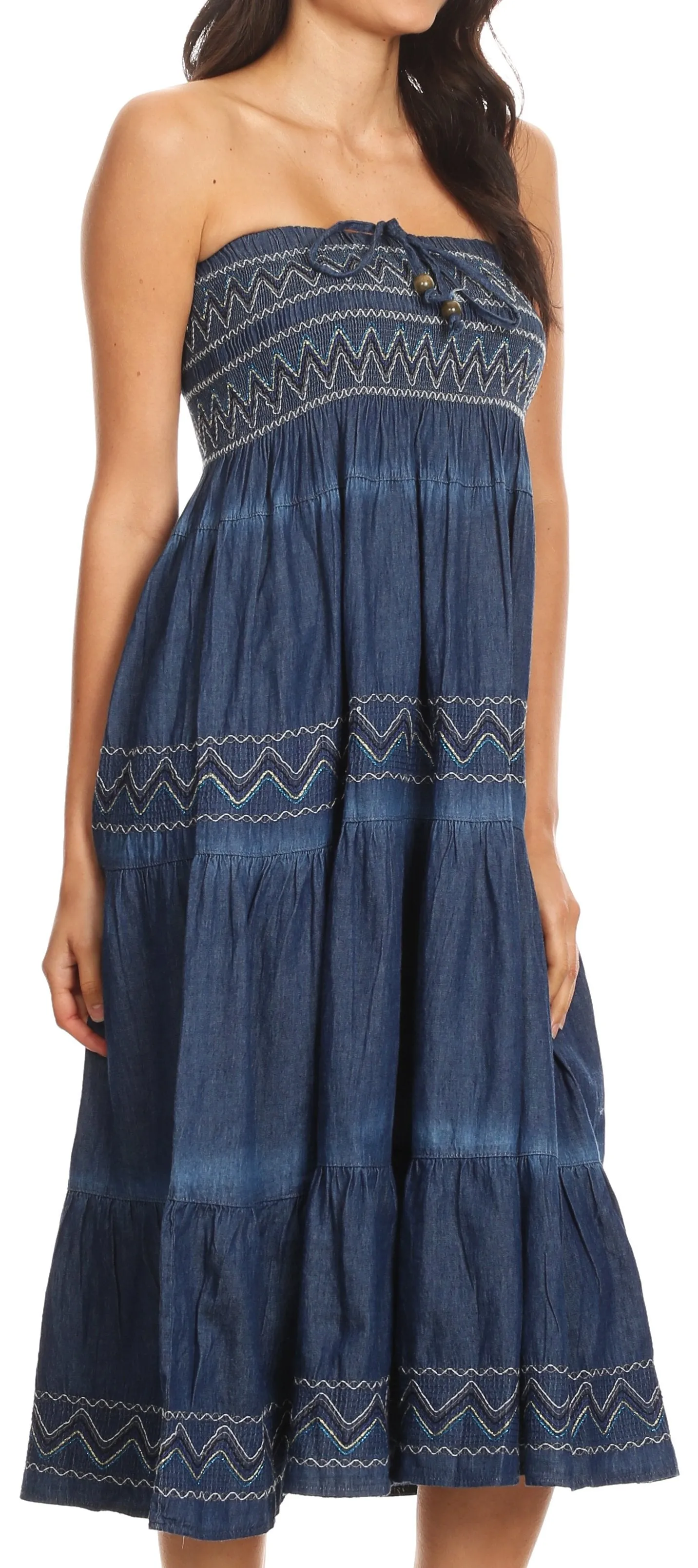 Sakkas Eliza Womens Denim Tube Top Dress Boho Strapless Sleeveless Chambray Maxi