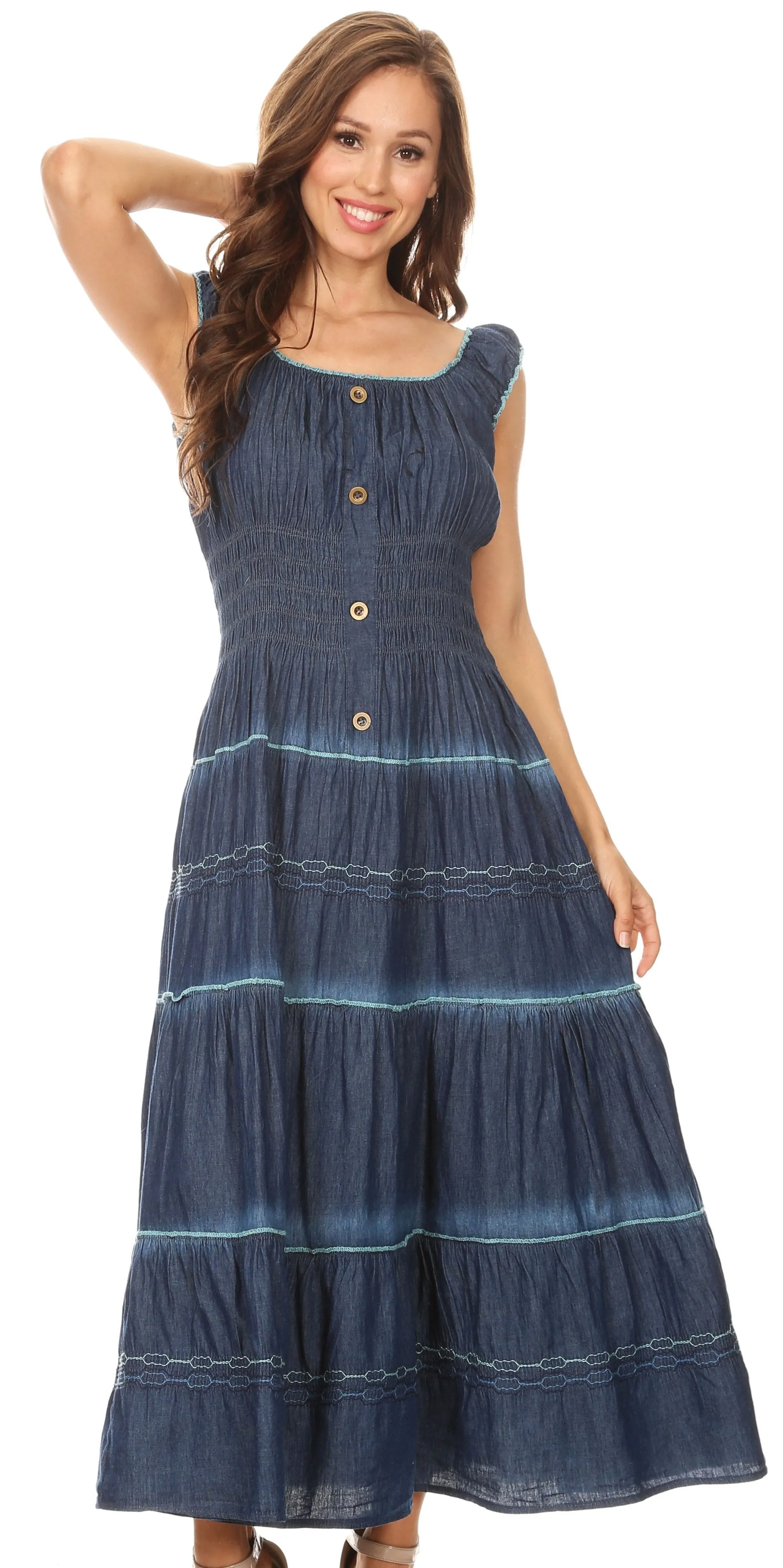 Sakkas Eva Womens Bohemiam Denim Off shoulder Dress Maxi Casual Smock Sundress