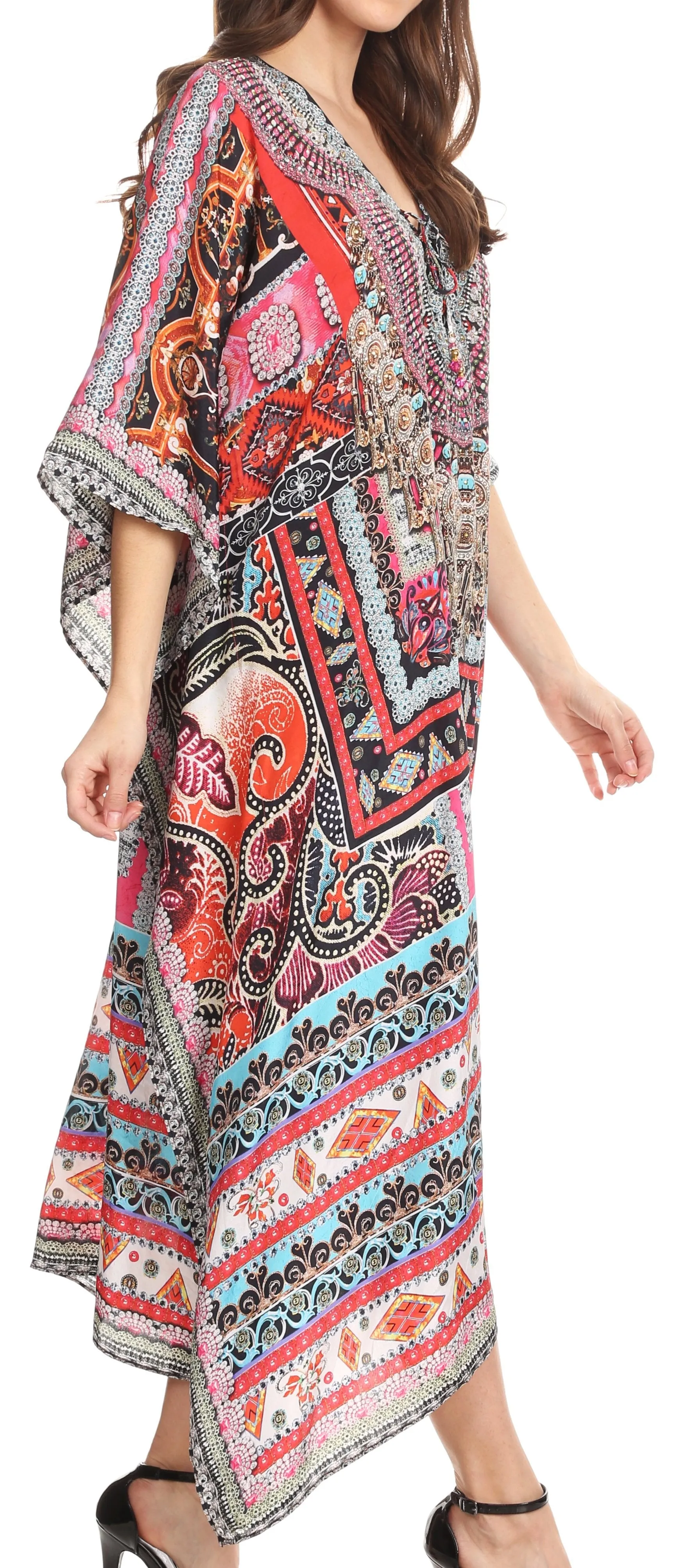 Sakkas Imani V-neck Silky Lightweight Colorful Flowy Rhinestone Kaftan / Cover Up