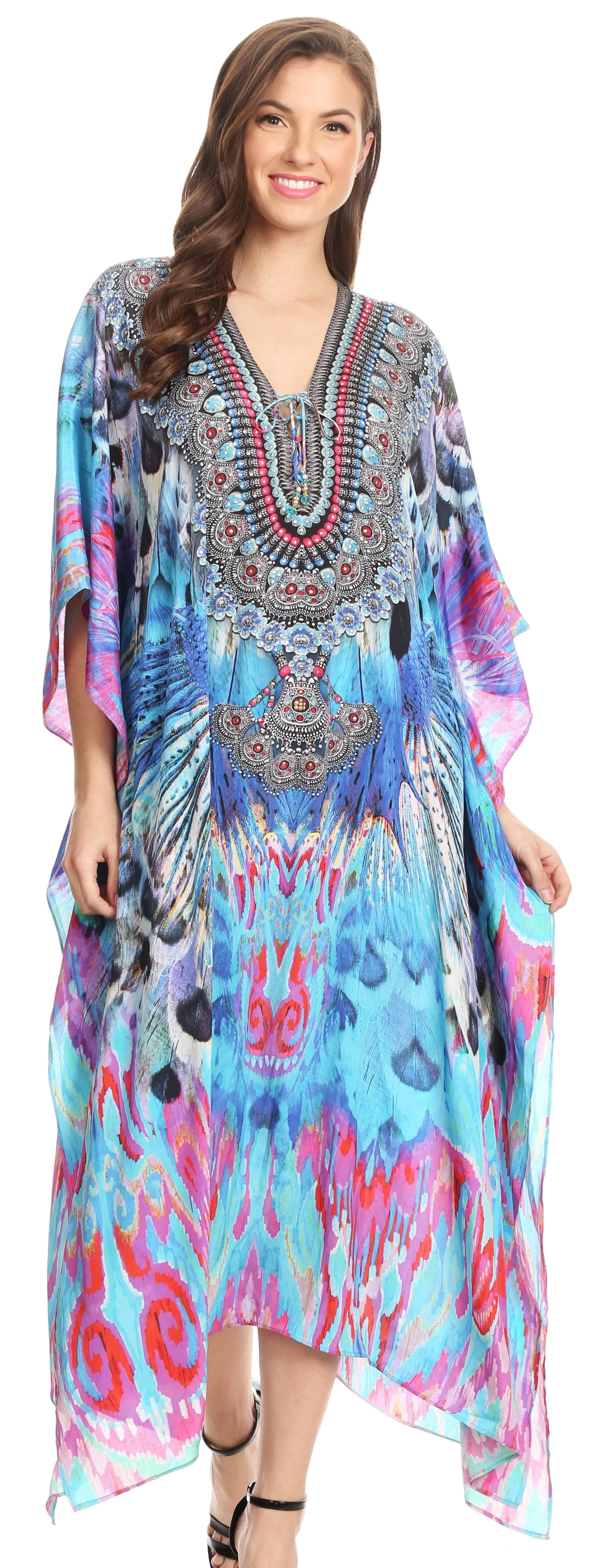 Sakkas Imani V-neck Silky Lightweight Colorful Flowy Rhinestone Kaftan / Cover Up