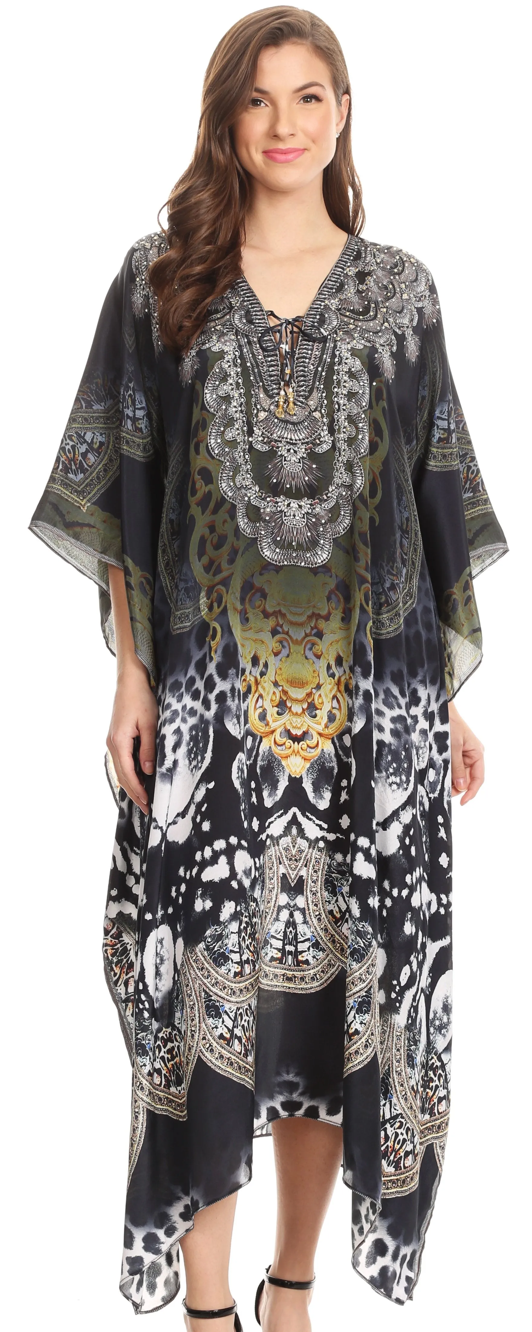 Sakkas Imani V-neck Silky Lightweight Colorful Flowy Rhinestone Kaftan / Cover Up