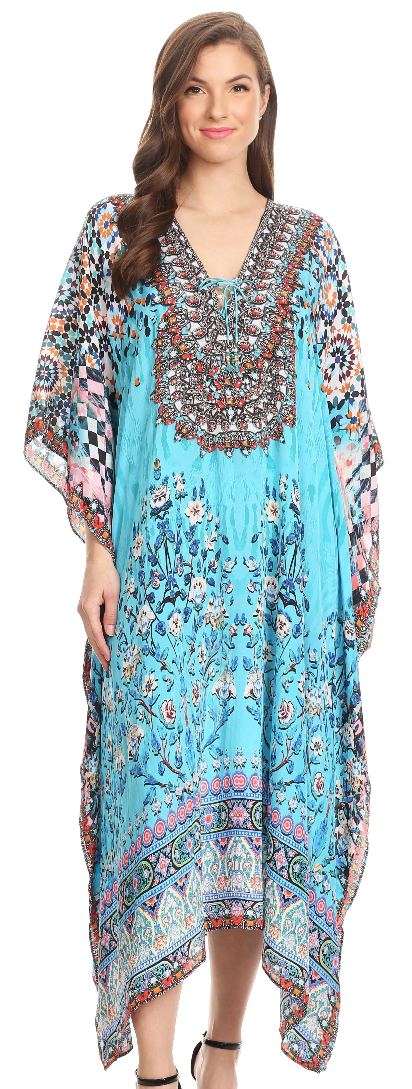 Sakkas Imani V-neck Silky Lightweight Colorful Flowy Rhinestone Kaftan / Cover Up