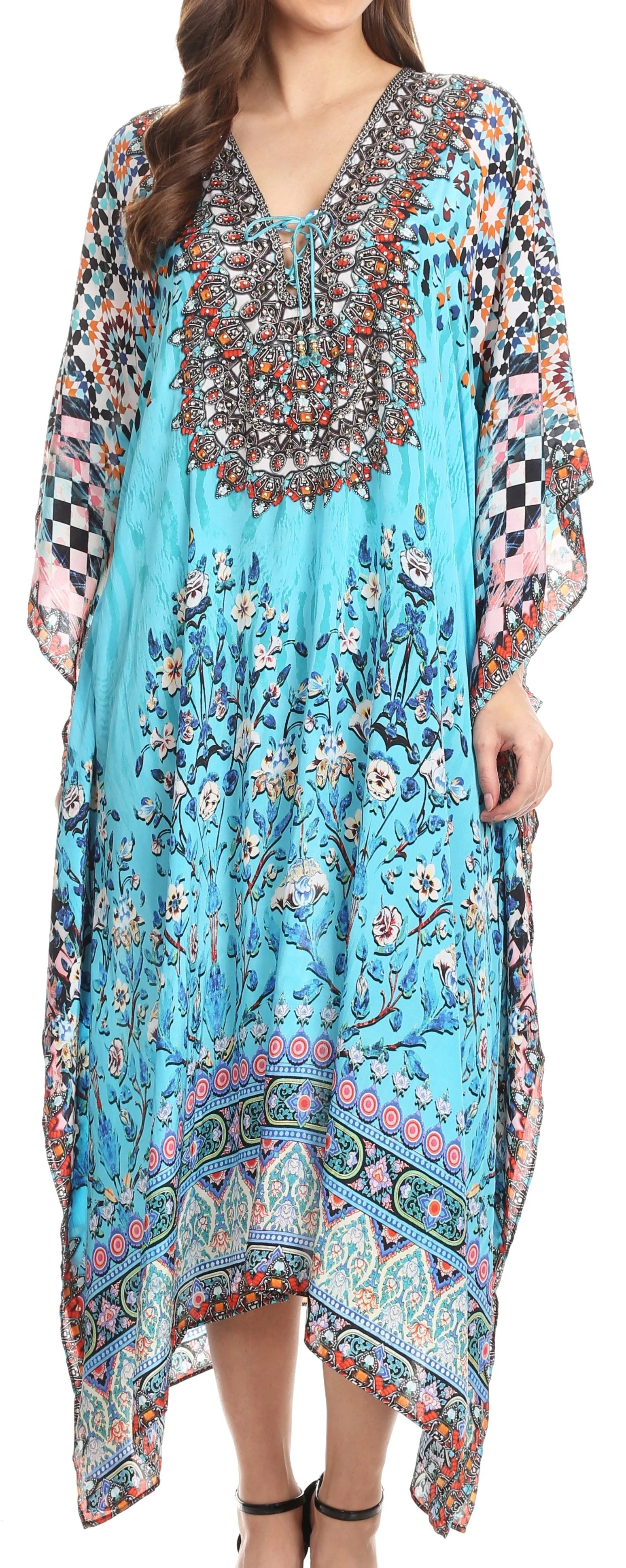 Sakkas Imani V-neck Silky Lightweight Colorful Flowy Rhinestone Kaftan / Cover Up