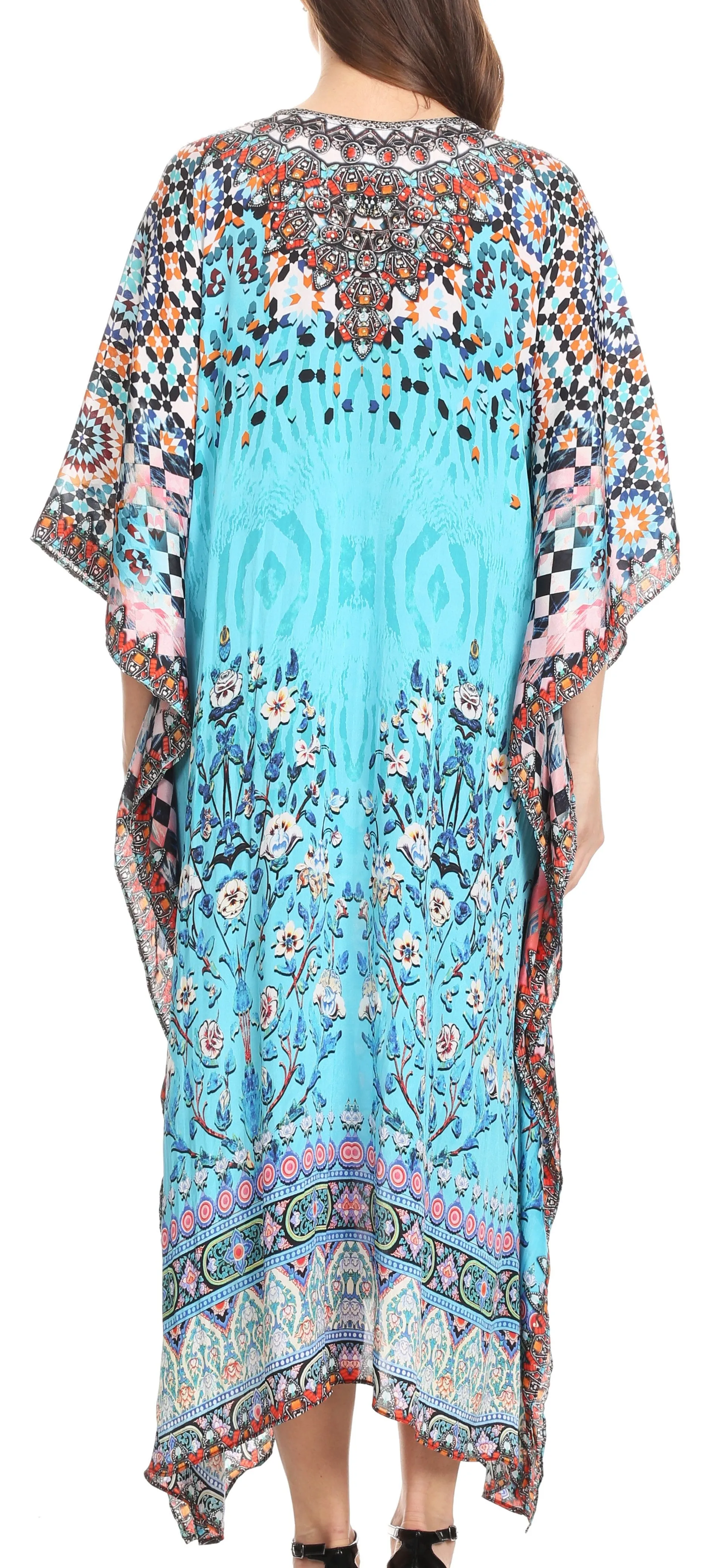 Sakkas Imani V-neck Silky Lightweight Colorful Flowy Rhinestone Kaftan / Cover Up