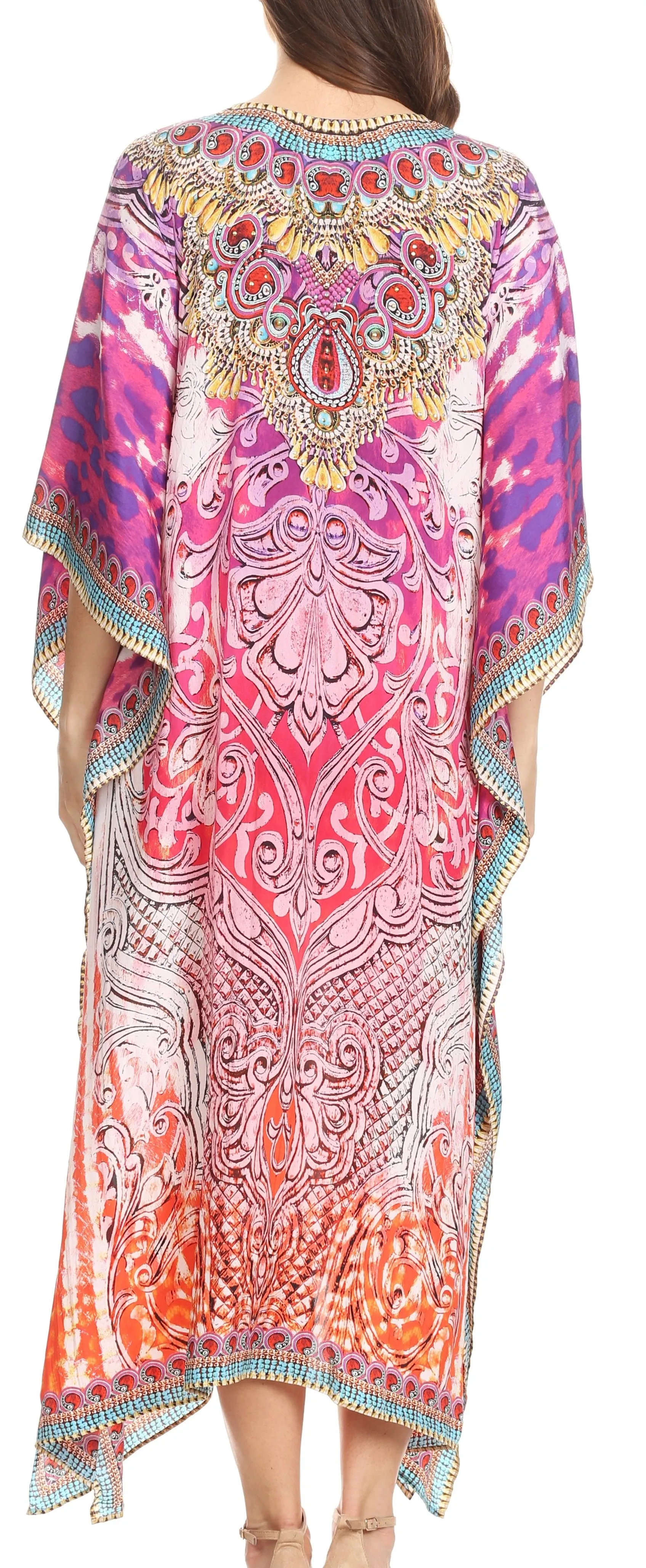 Sakkas Imani V-neck Silky Lightweight Colorful Flowy Rhinestone Kaftan / Cover Up