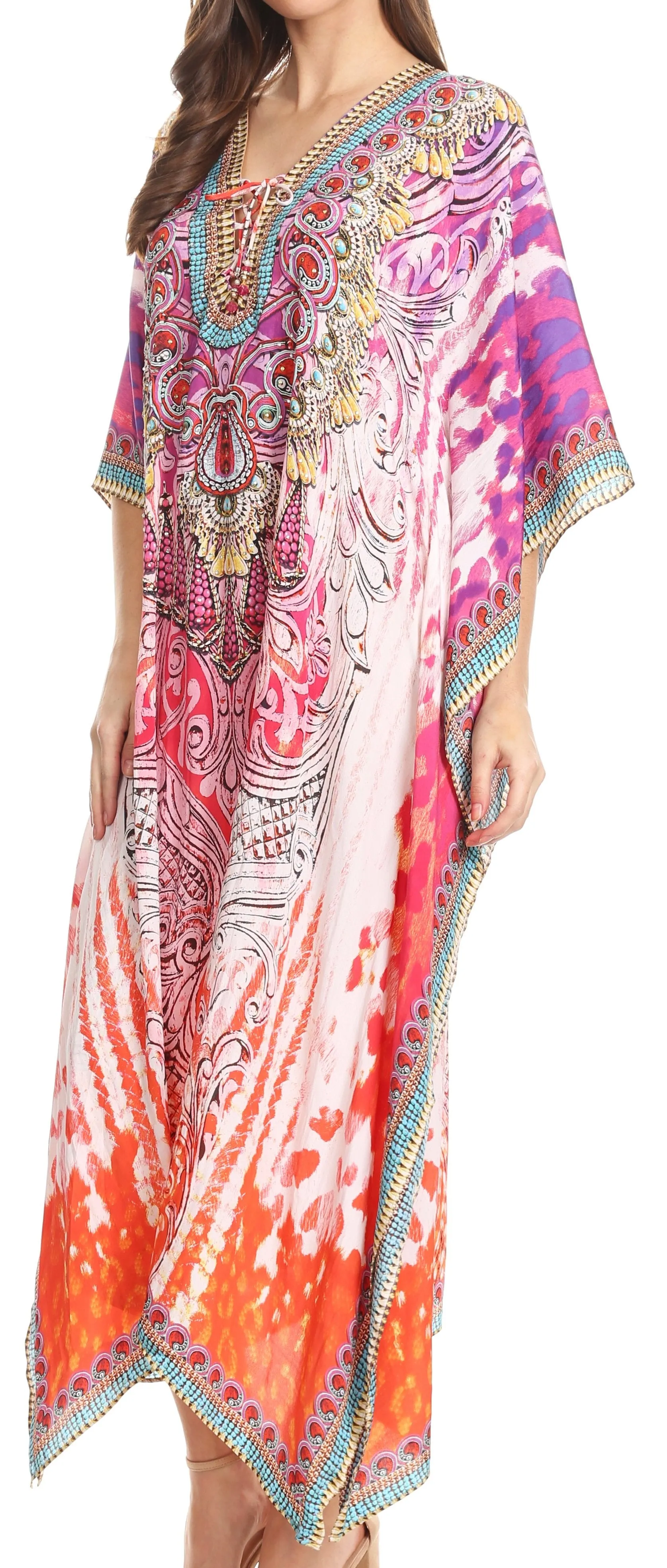 Sakkas Imani V-neck Silky Lightweight Colorful Flowy Rhinestone Kaftan / Cover Up