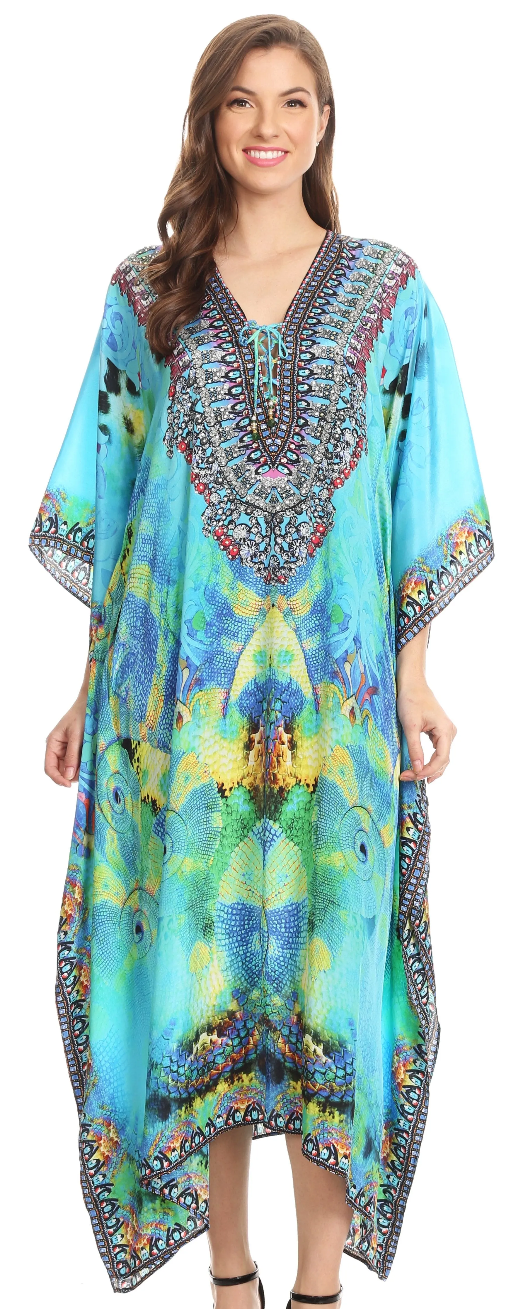 Sakkas Imani V-neck Silky Lightweight Colorful Flowy Rhinestone Kaftan / Cover Up