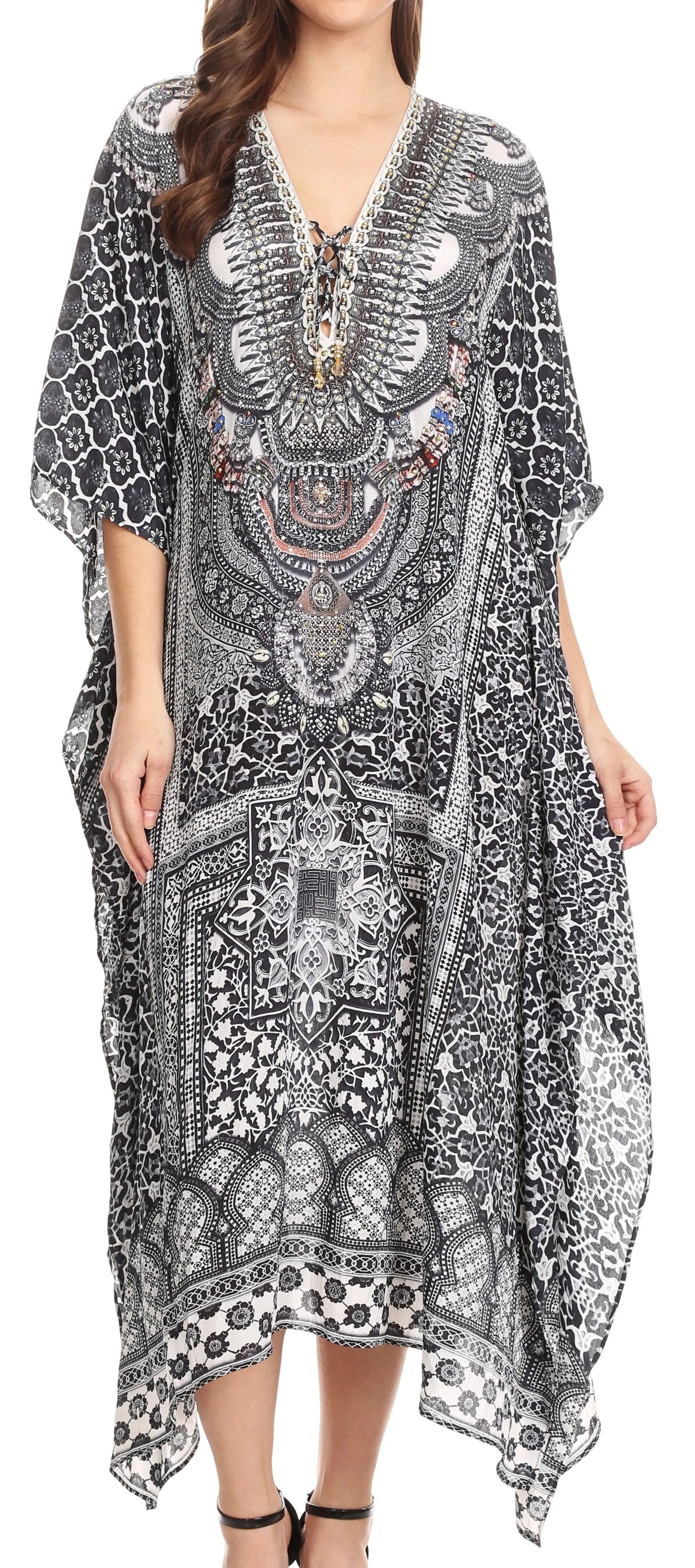 Sakkas Imani V-neck Silky Lightweight Colorful Flowy Rhinestone Kaftan / Cover Up