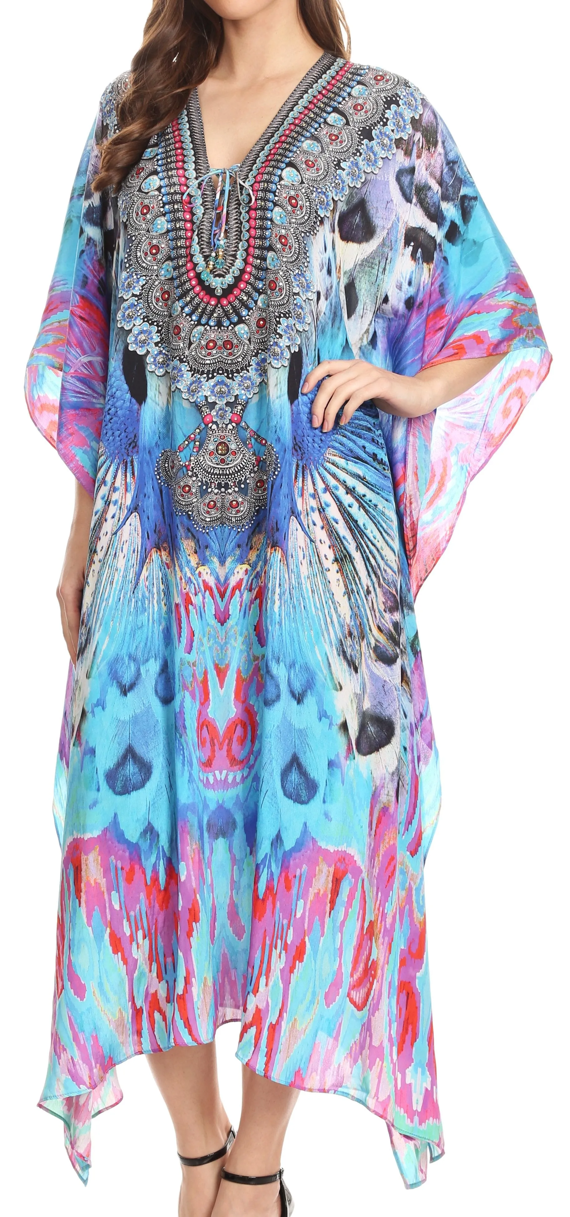 Sakkas Imani V-neck Silky Lightweight Colorful Flowy Rhinestone Kaftan / Cover Up