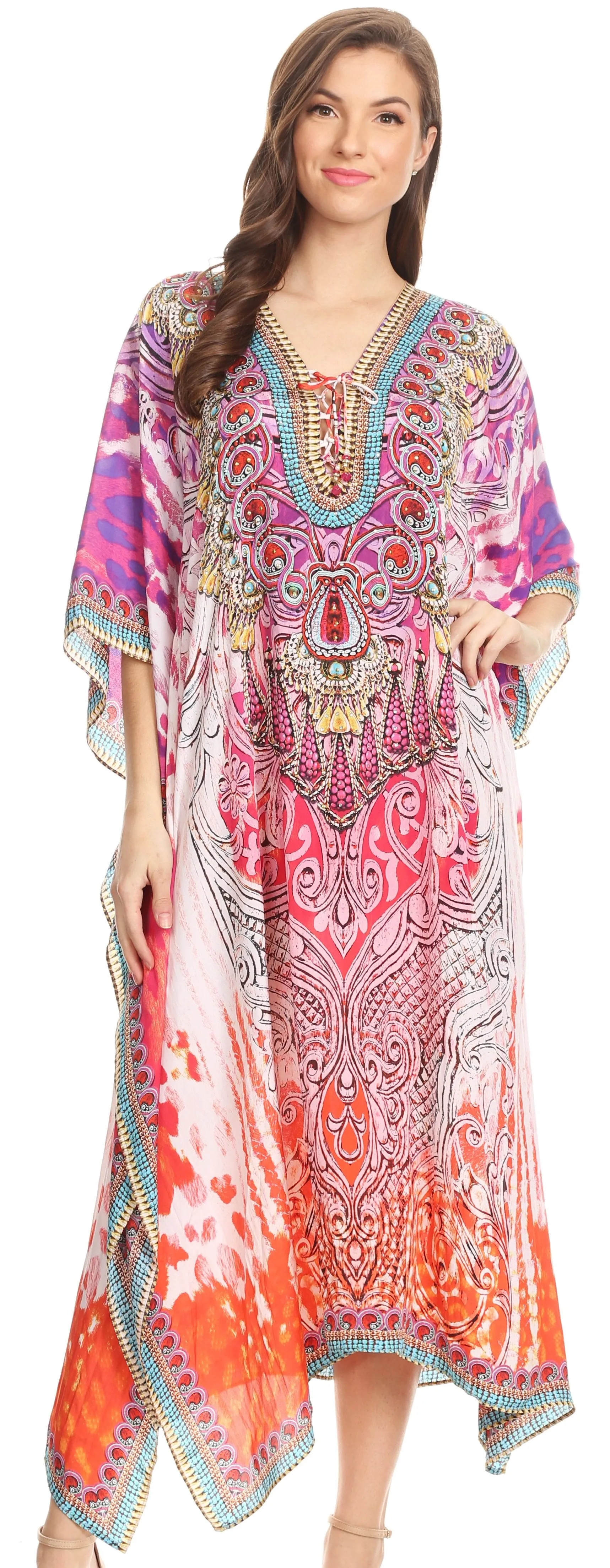 Sakkas Imani V-neck Silky Lightweight Colorful Flowy Rhinestone Kaftan / Cover Up