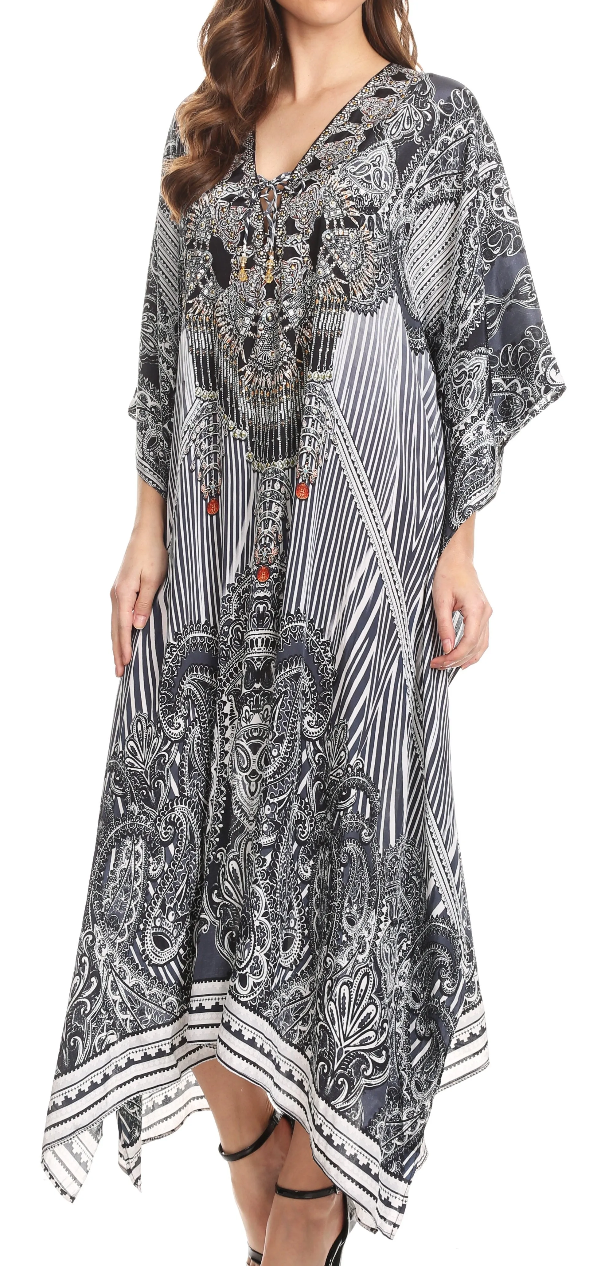 Sakkas Imani V-neck Silky Lightweight Colorful Flowy Rhinestone Kaftan / Cover Up