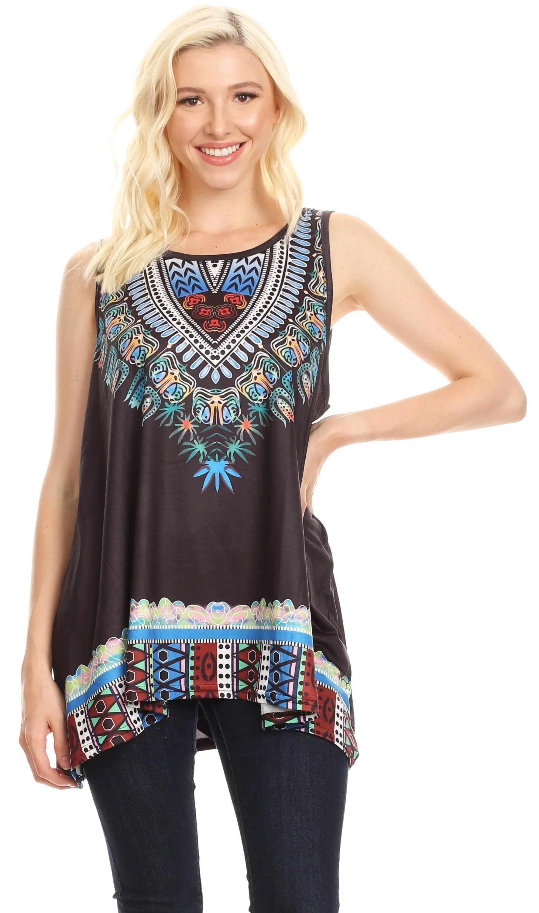 Sakkas Juliana Womens Summer Sleeveless Tank Top Printed Dashiki Jersey Knit