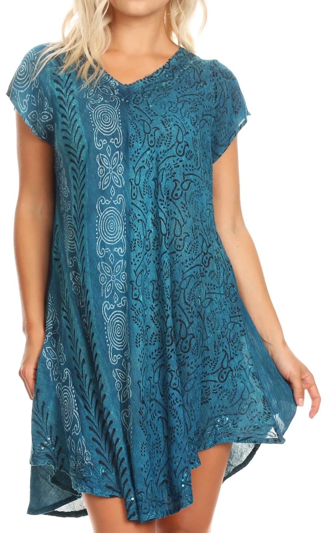 Sakkas Salina Womens Crinckle Cap Sleeve V neck Top Tunic Blouse Sequin & Print