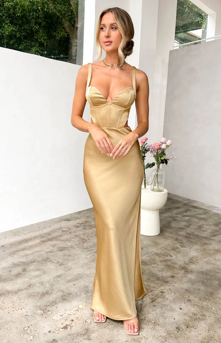 Sarah Champagne Corset Formal Maxi Dress