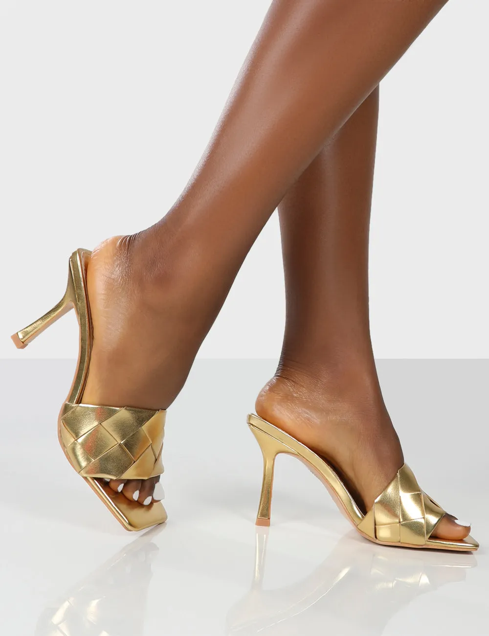 Saturn Gold Pu Woven Square Toe Mule Heels