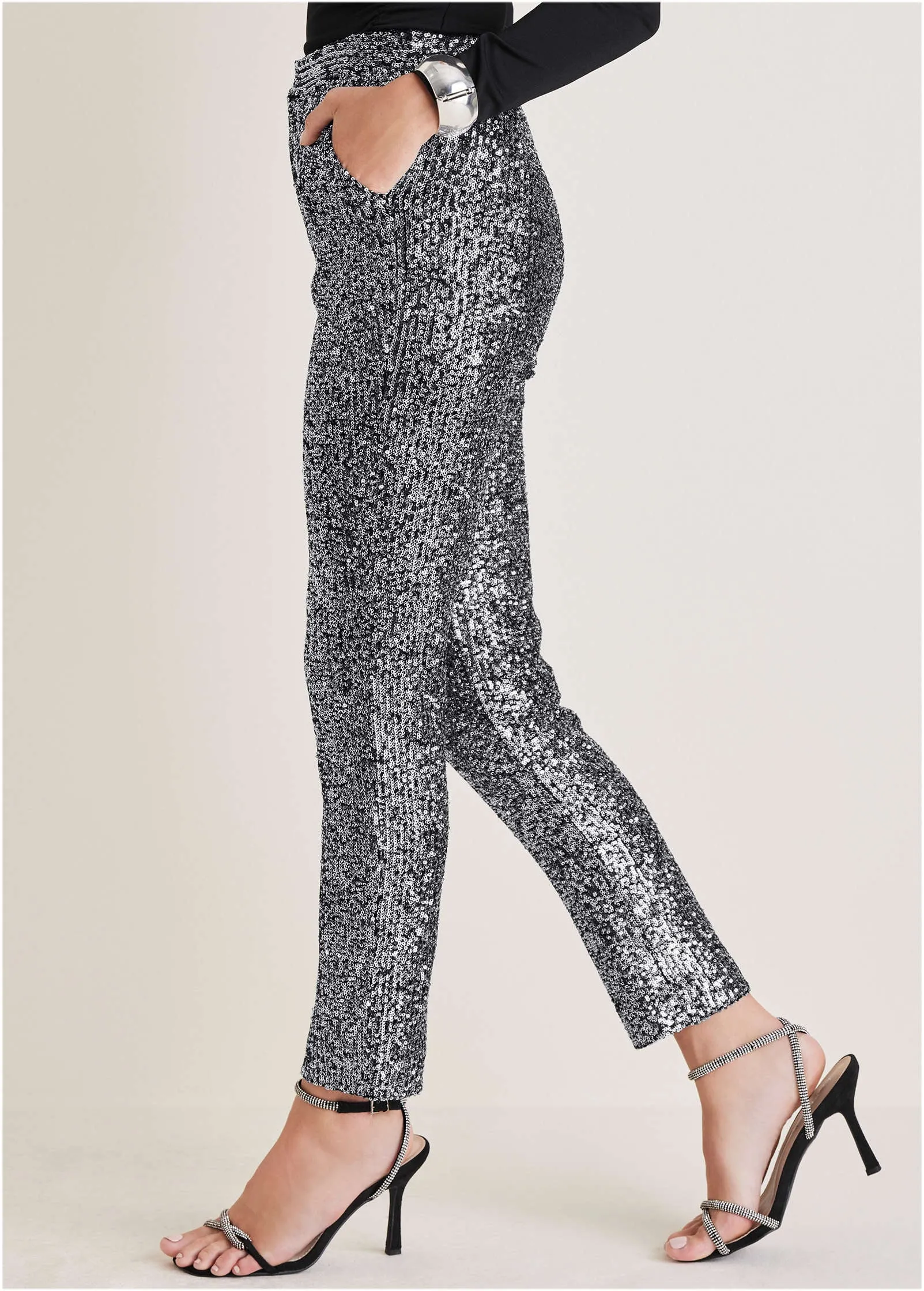 Sequin Straight Leg Pants - Silver