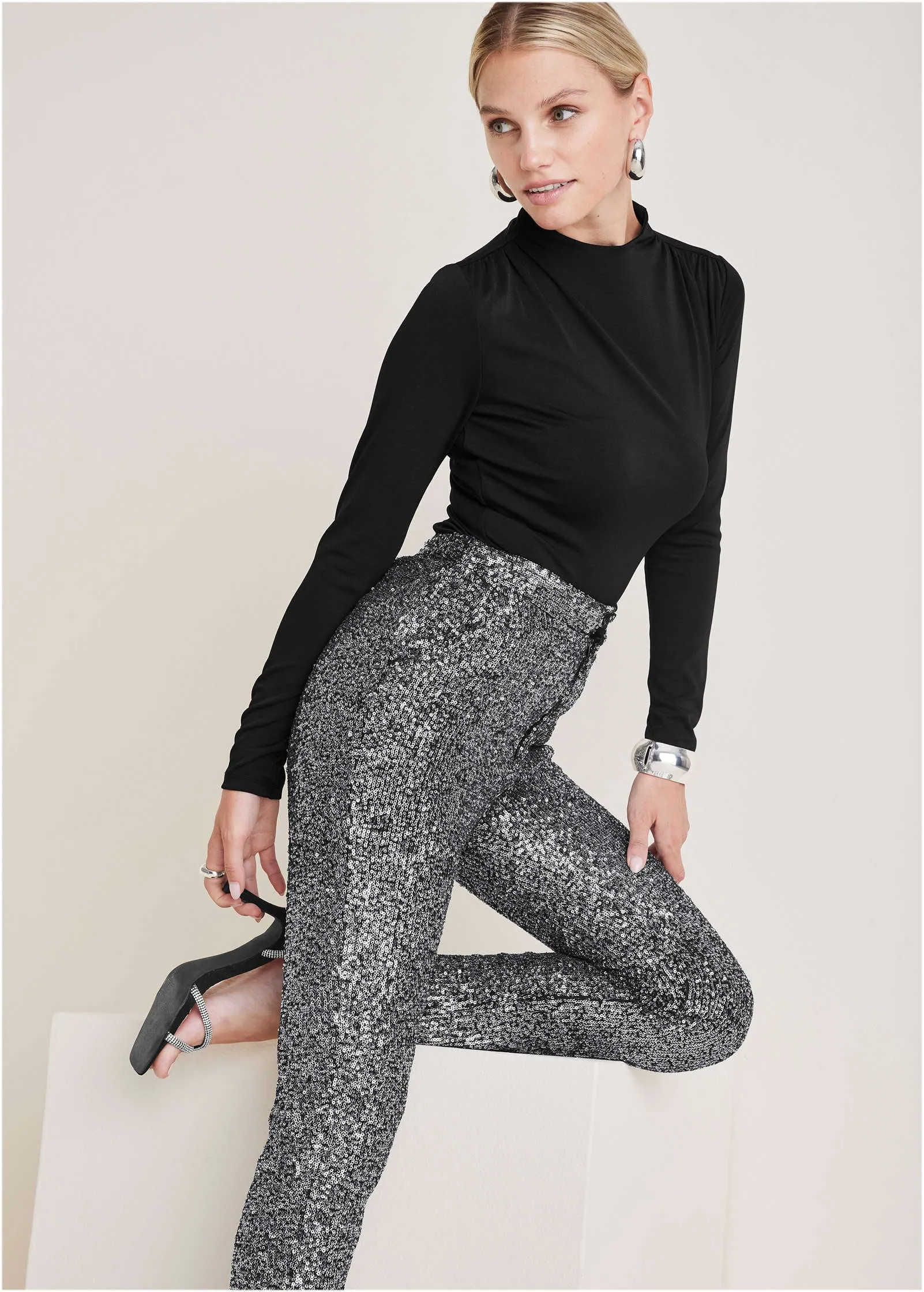 Sequin Straight Leg Pants - Silver