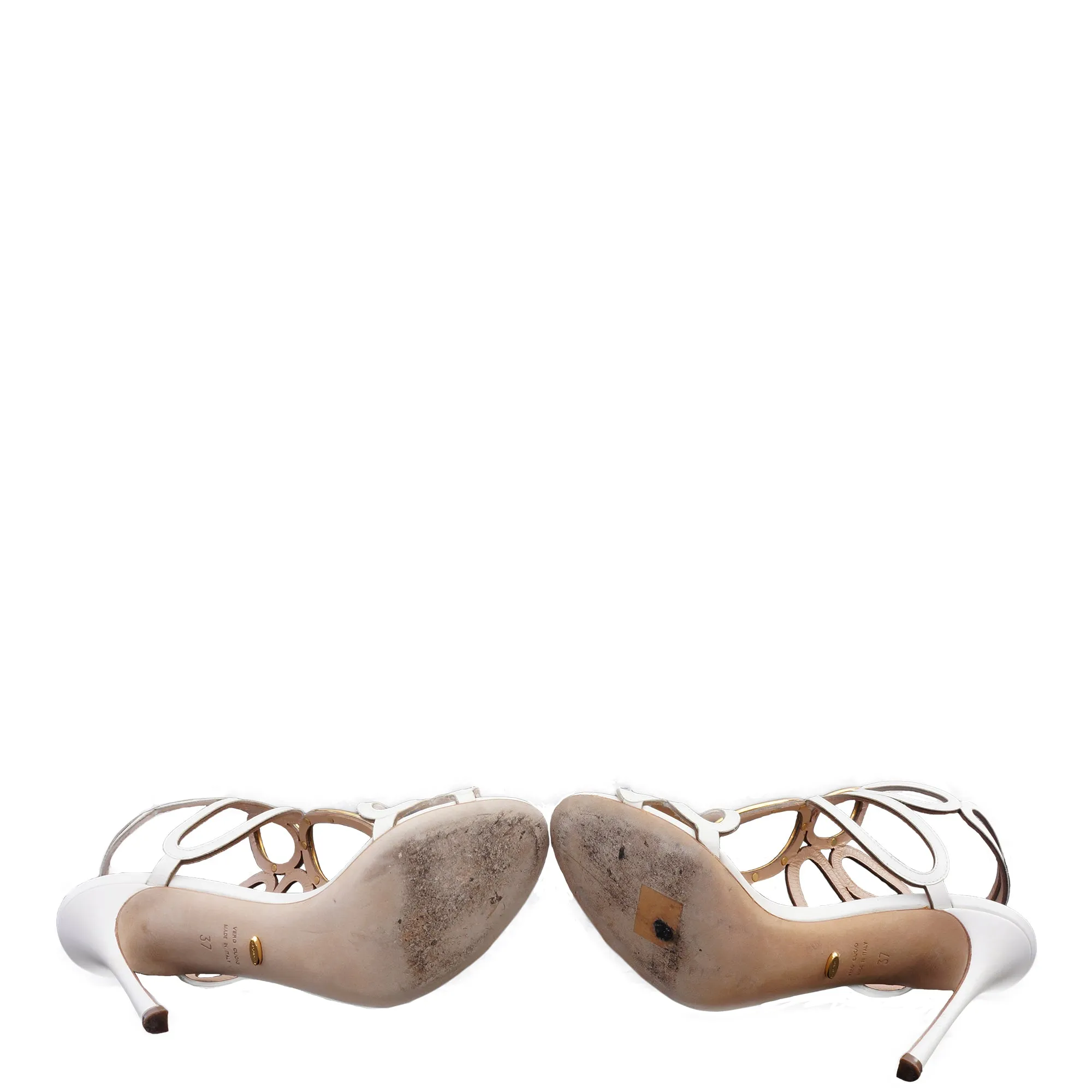 SERGIO ROSSI WHITE LEATHER CUTOUT & GOLD ACCENTS SANDALS