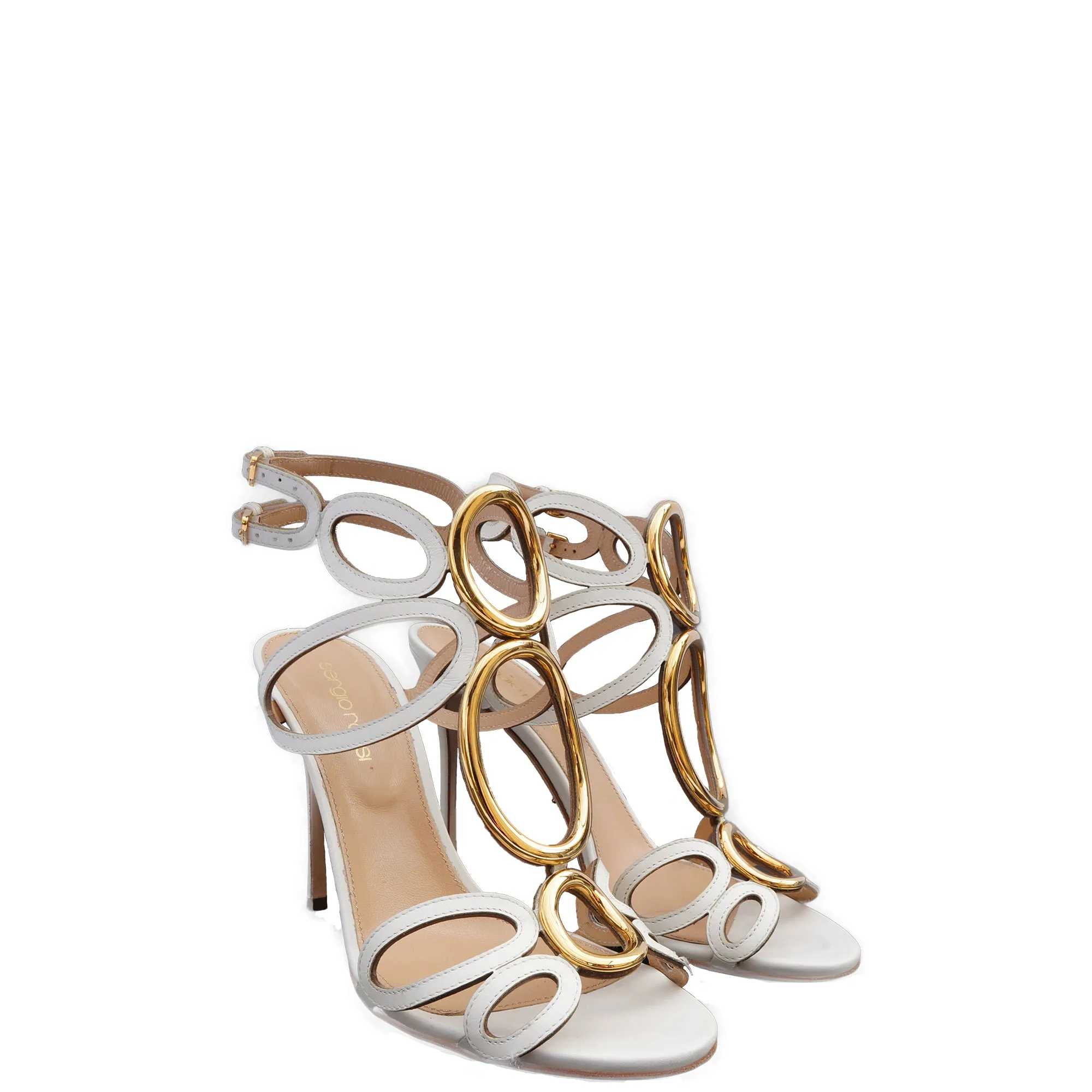 SERGIO ROSSI WHITE LEATHER CUTOUT & GOLD ACCENTS SANDALS