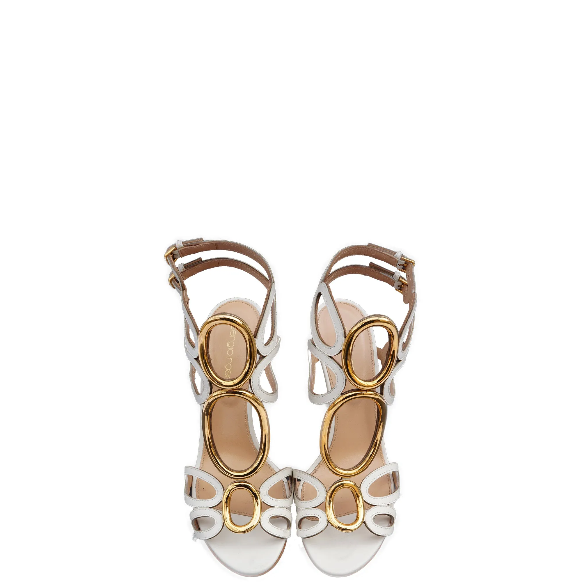 SERGIO ROSSI WHITE LEATHER CUTOUT & GOLD ACCENTS SANDALS