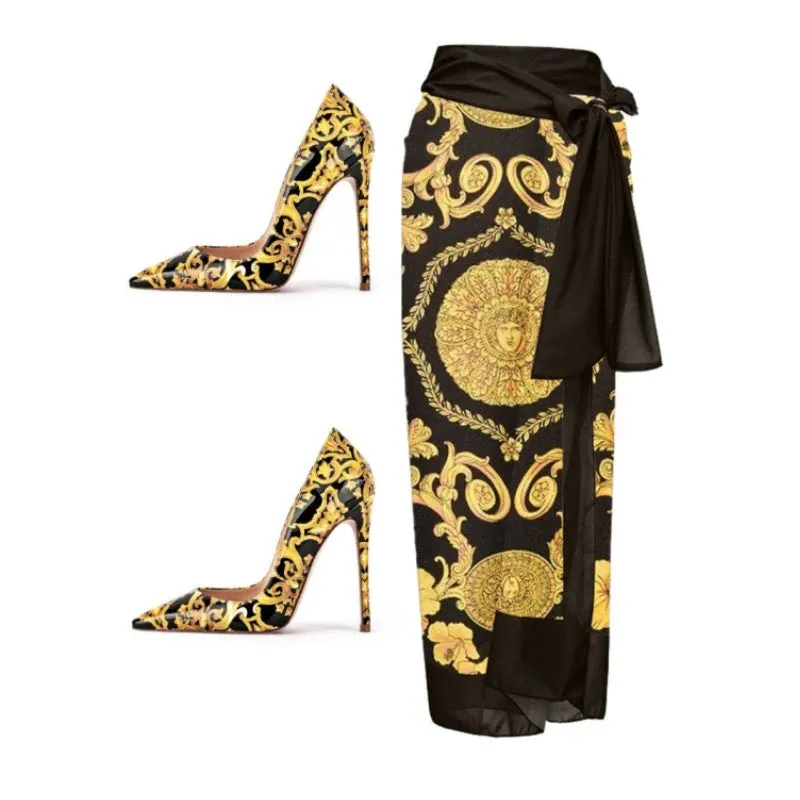 Sexy Black & Gold Italian Print Heels