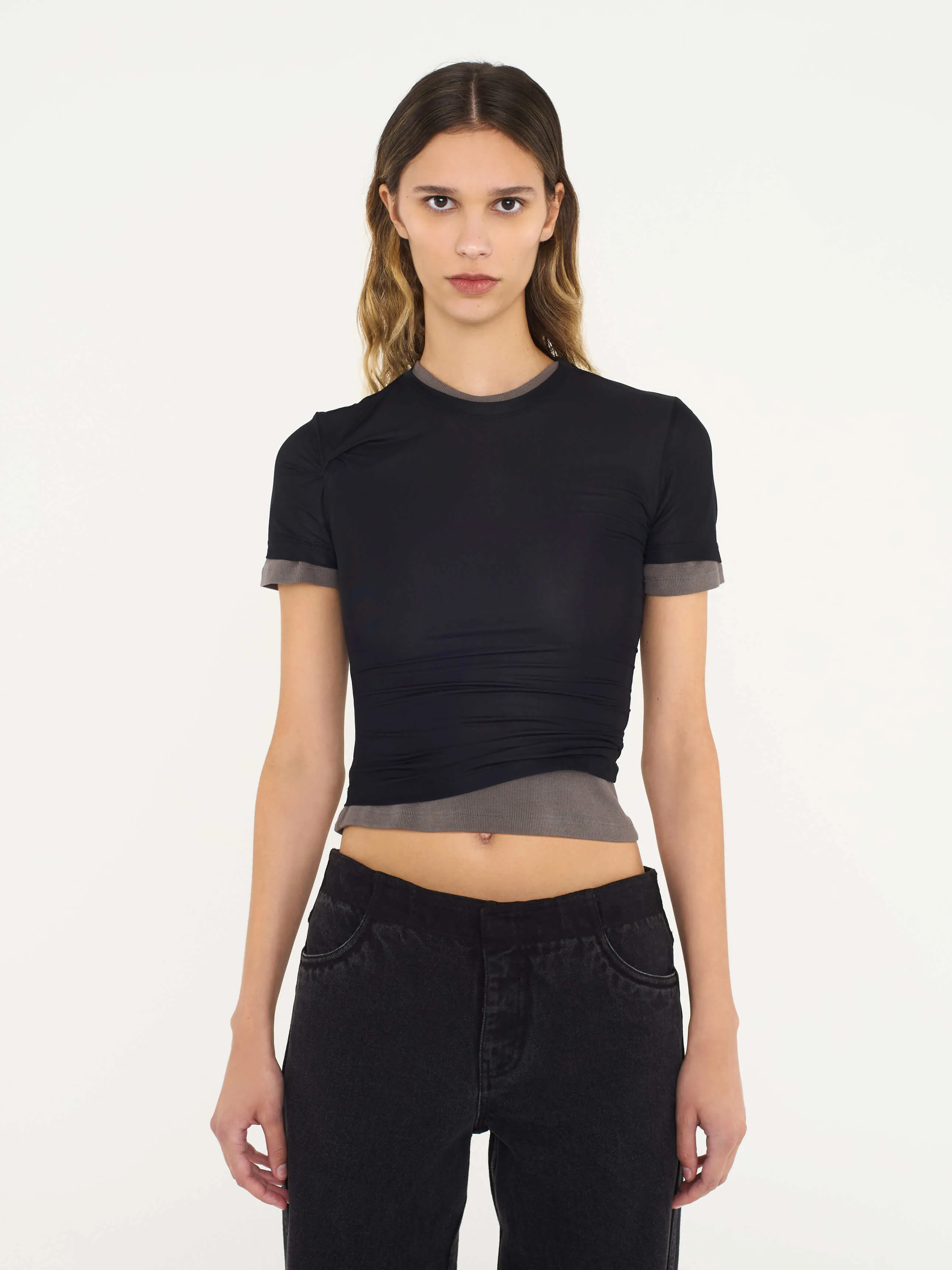 SHEER OVERLAY LOOPHOLE RIB TEE