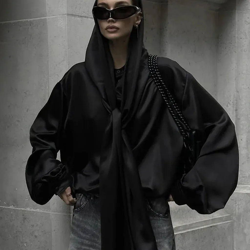 Silky Stand Collar Tie Neck Hooded Lantern Sleeve Oversized Satin Shirt