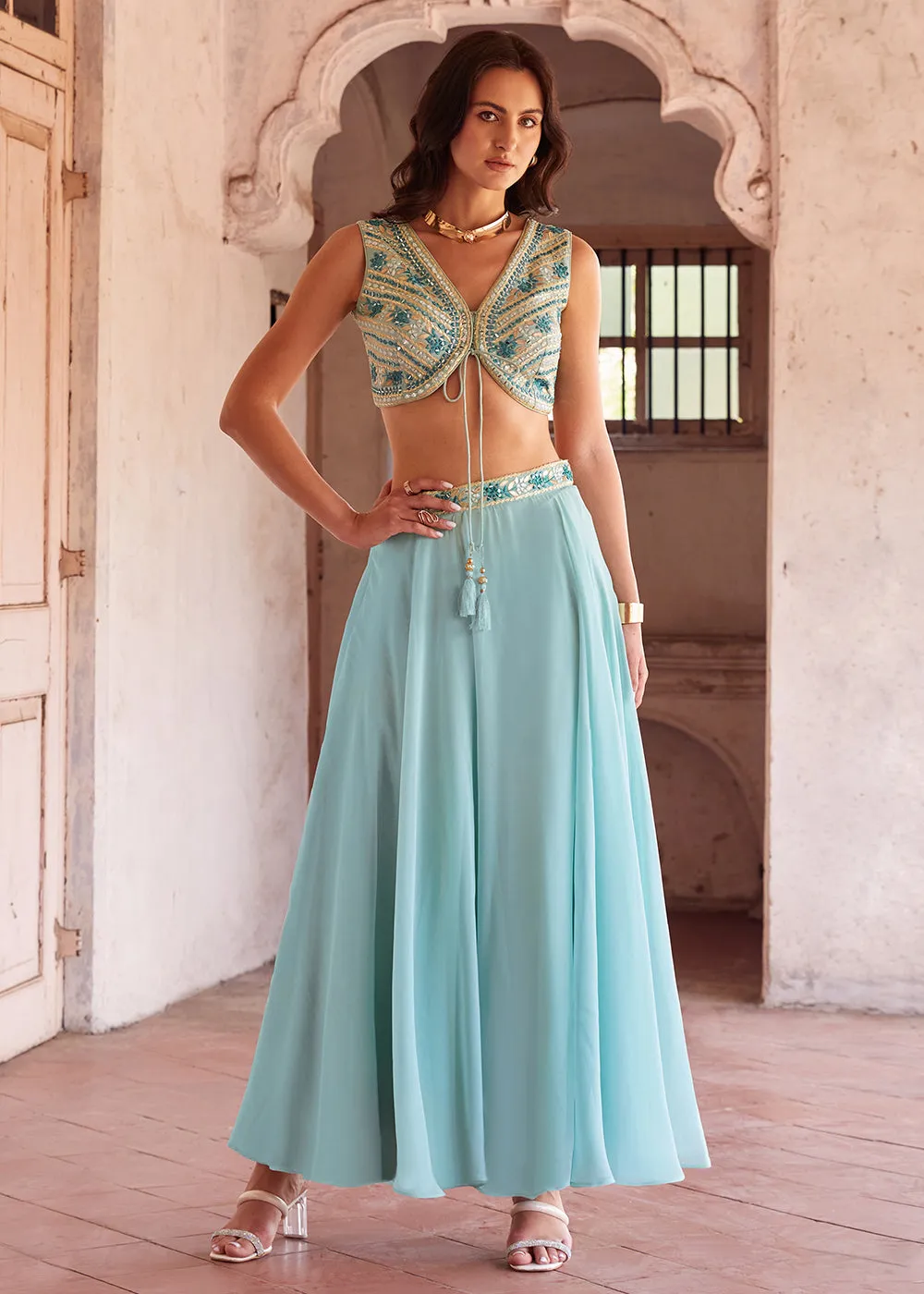 Sky Blue Designer Crop Top Style Lehenga Choli