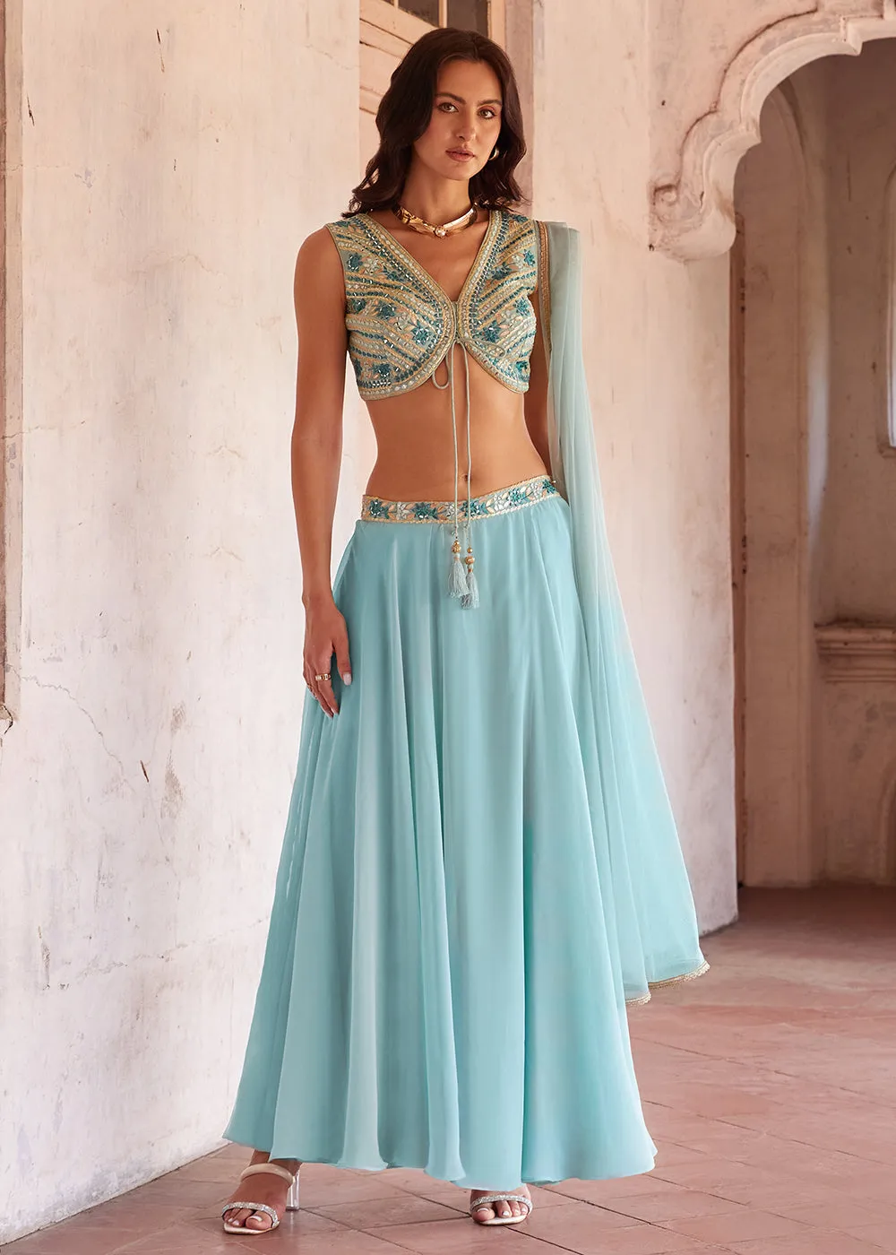 Sky Blue Designer Crop Top Style Lehenga Choli