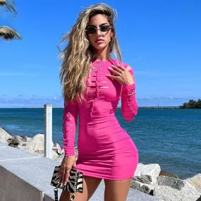 Slashed Ladder Cut Out Crew Neck Long Sleeve Bodycon Mini Dress - Hot Pink