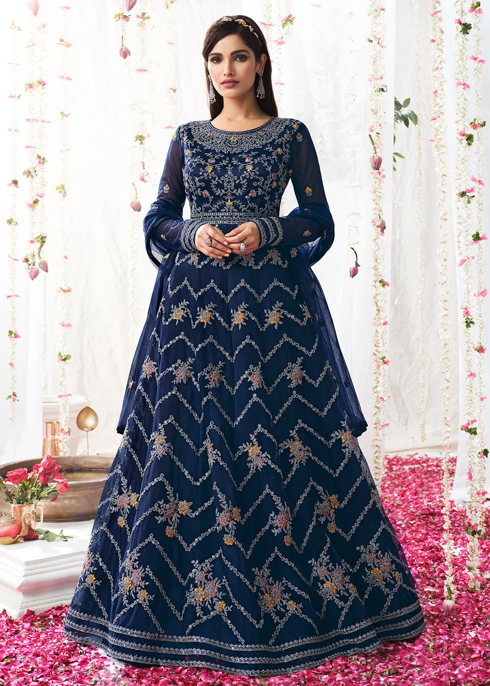 Space Blue Wedding Festive Floor Length Anarkali Suit