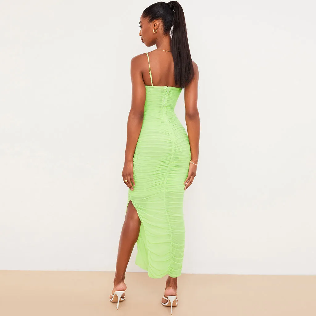 Square Neck High Slit Ruched Mesh Cocktail Party Maxi Dress - Green