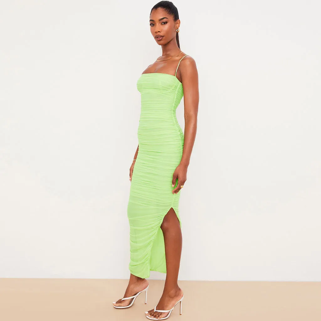 Square Neck High Slit Ruched Mesh Cocktail Party Maxi Dress - Green