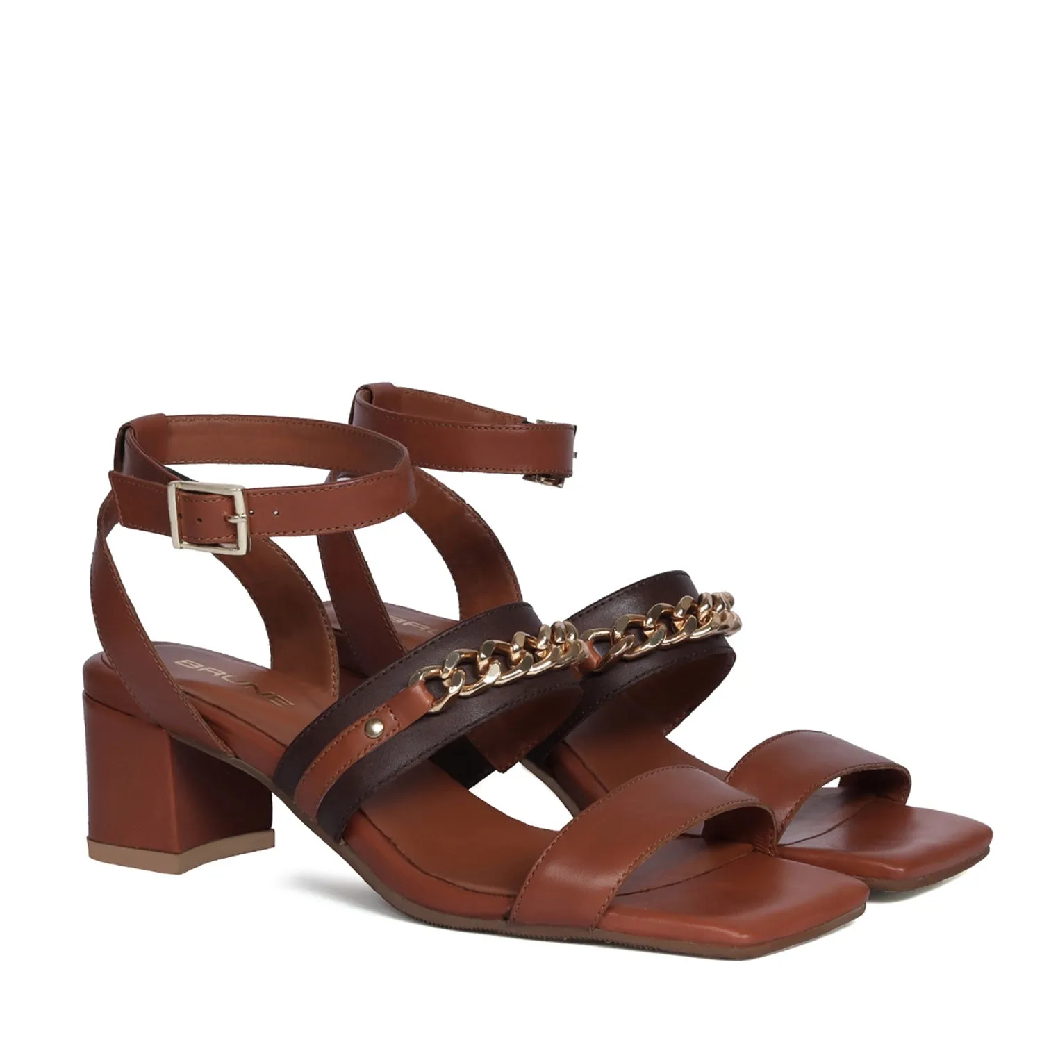 Square Open Toe Tan-Brown Dual Strap Golden Chain Ladies Blocked Heel Buckled Sandal By Brune & Bareskin