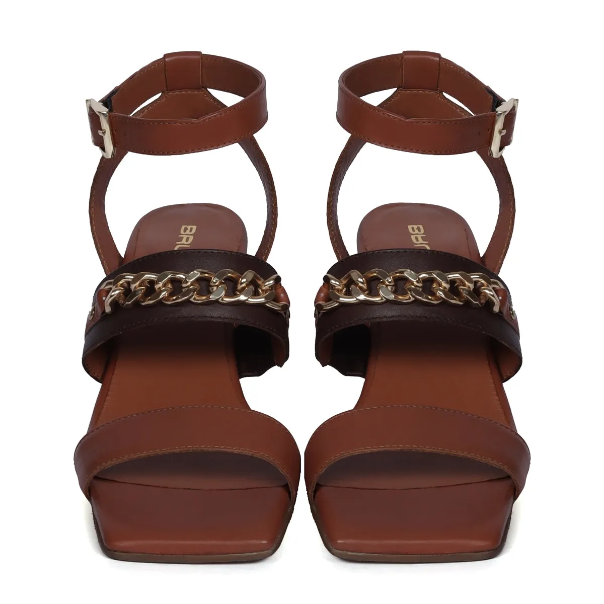 Square Open Toe Tan-Brown Dual Strap Golden Chain Ladies Blocked Heel Buckled Sandal By Brune & Bareskin