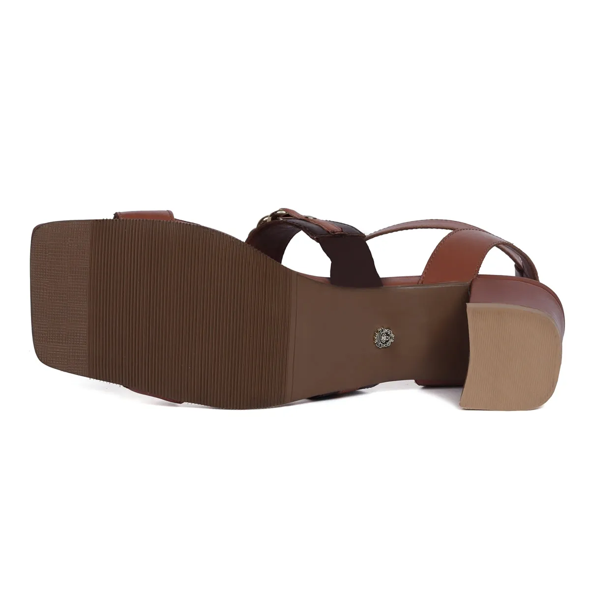 Square Open Toe Tan-Brown Dual Strap Golden Chain Ladies Blocked Heel Buckled Sandal By Brune & Bareskin