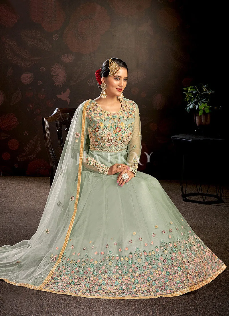 Teal Blue Multi Embroidered Wedding Anarkali Suit