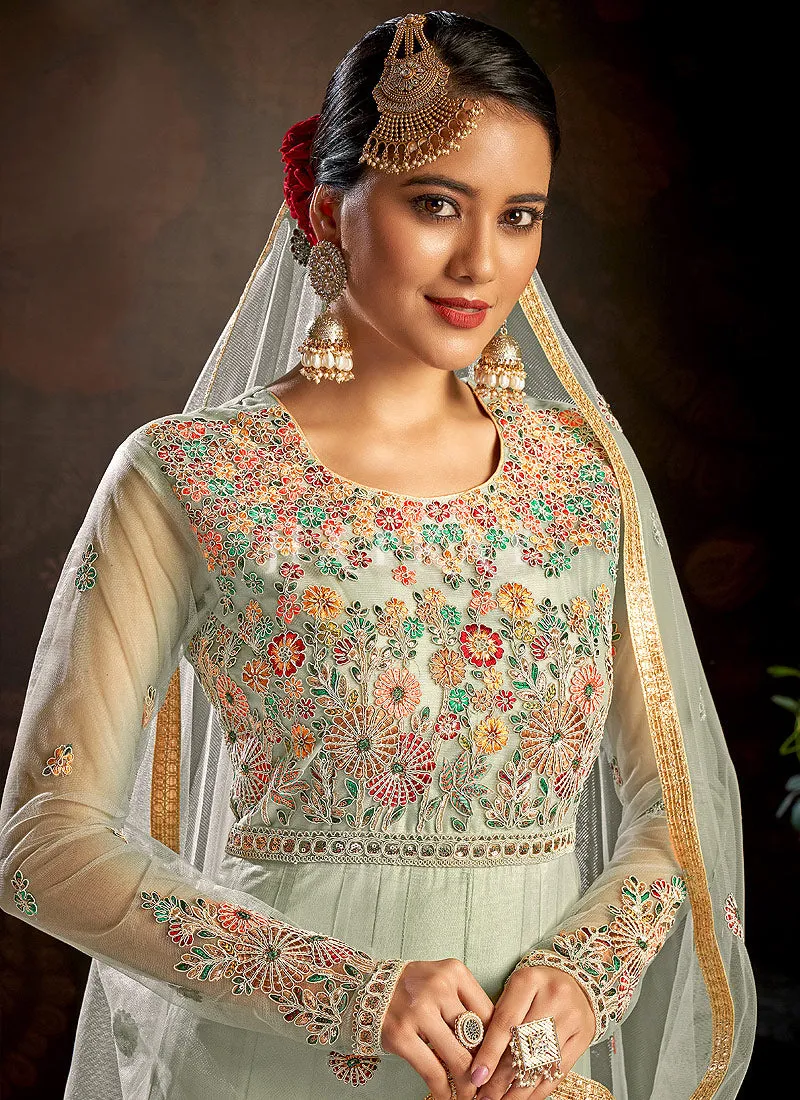 Teal Blue Multi Embroidered Wedding Anarkali Suit